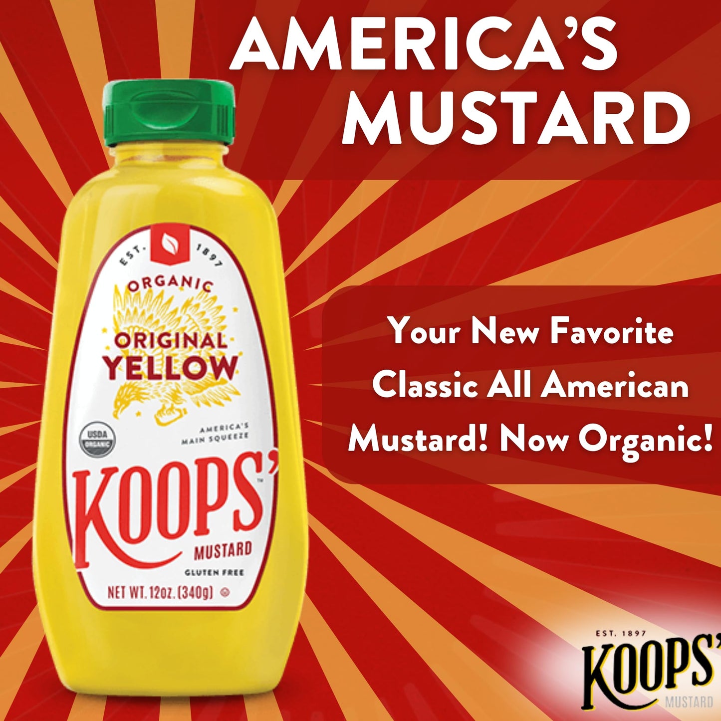 KOOPS Organic Yellow Mustard - Gourmet, Gluten-Free, Kosher, 12 Oz, Pack of 2