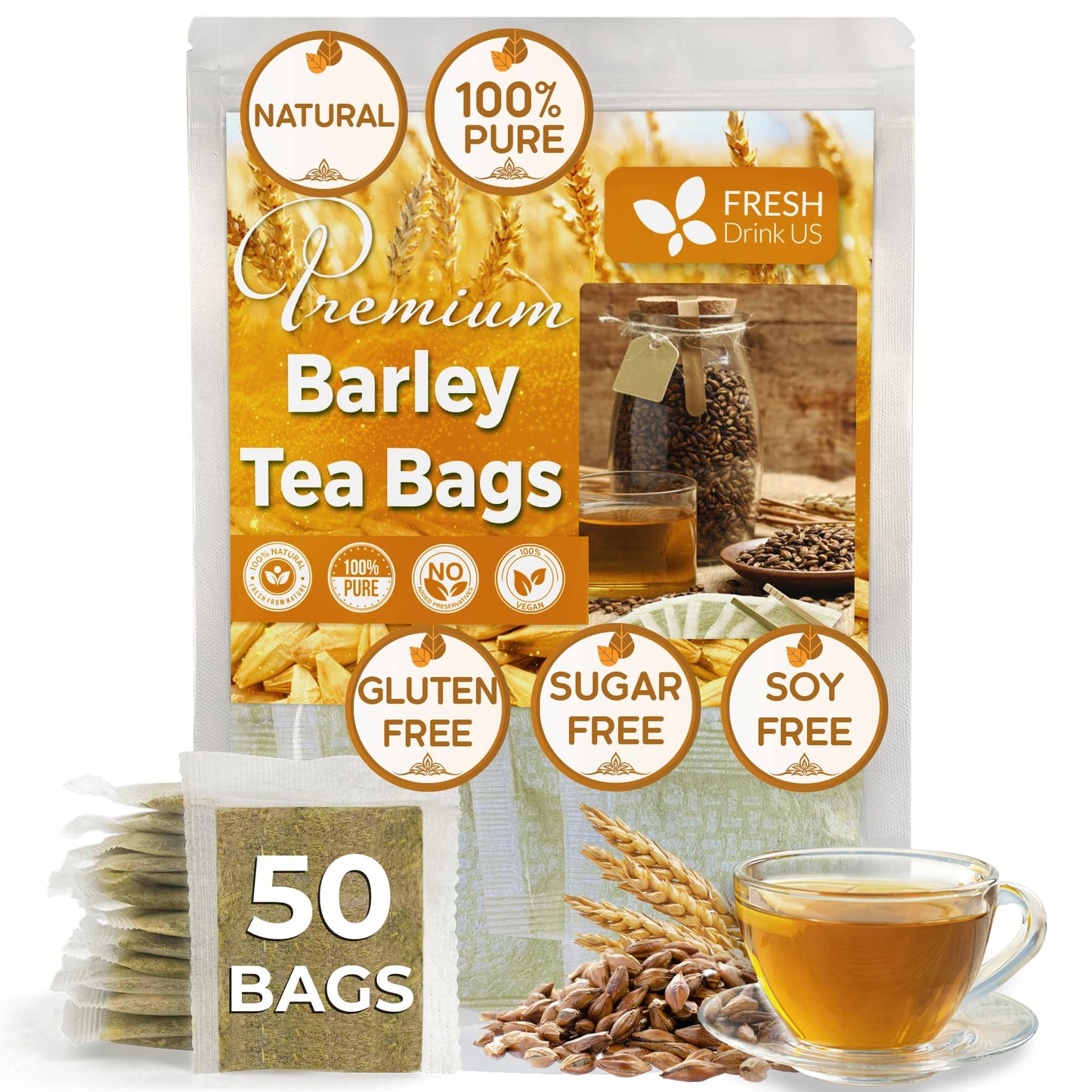 FRESHDRINKUS Barley Tea Bags, 100% Natural Herbal Tea, Vegan, No Sugar, Caffeine, or Gluten, 50 Count