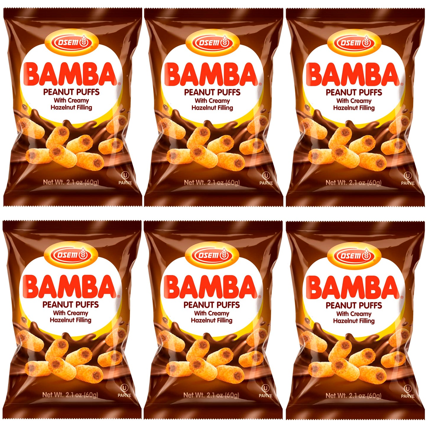 Osem Bamba Hazelnut Cream Peanut Butter Snacks, All Natural, 2.1oz Bag (Pack of 6)