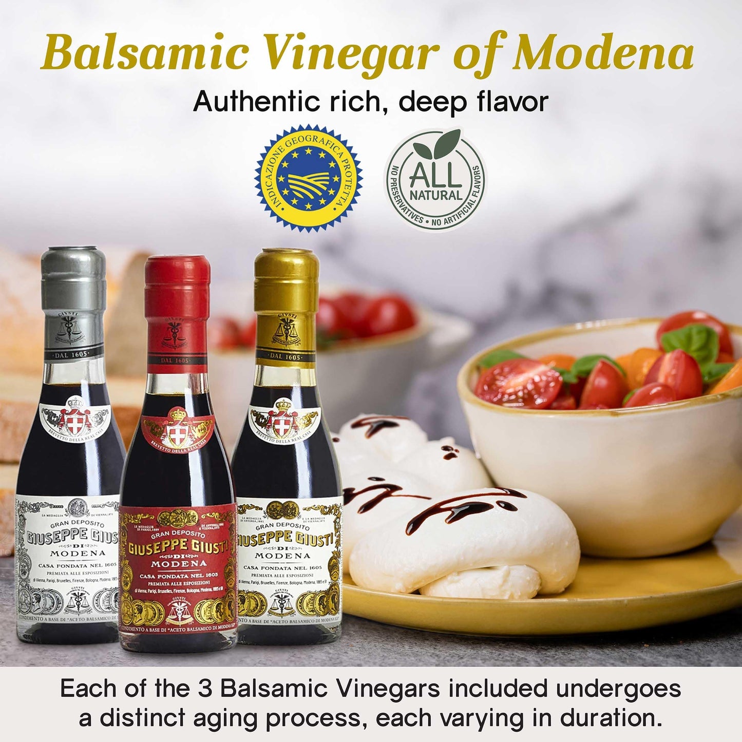 Giusti Balsamic Vinegar Trio Gift Set – 3 Premium Bottles, 3.38 Fl Oz Each, Black Aceto Balsamico di Modena IGP