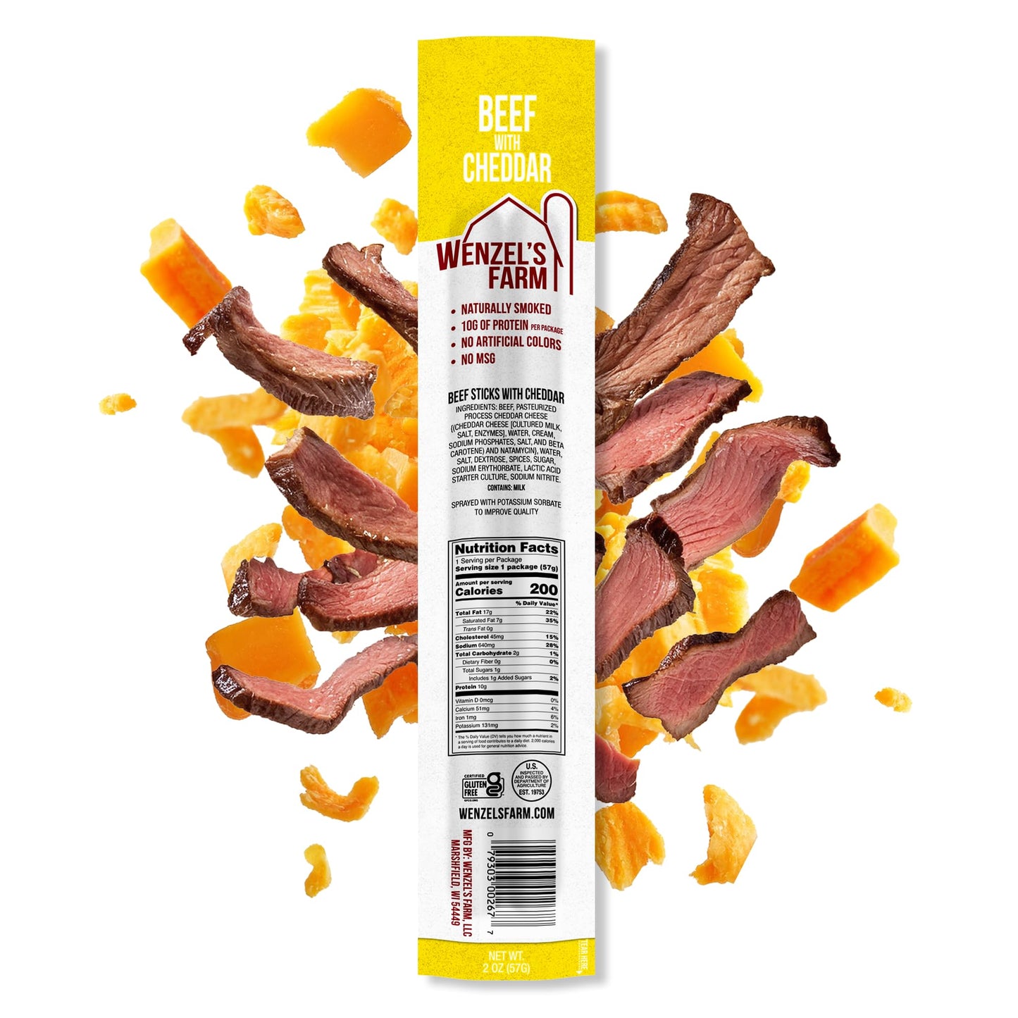 Wenzels Farm Beef with Cheddar Snack Sticks, High Protein, Gluten Free, 32 Count