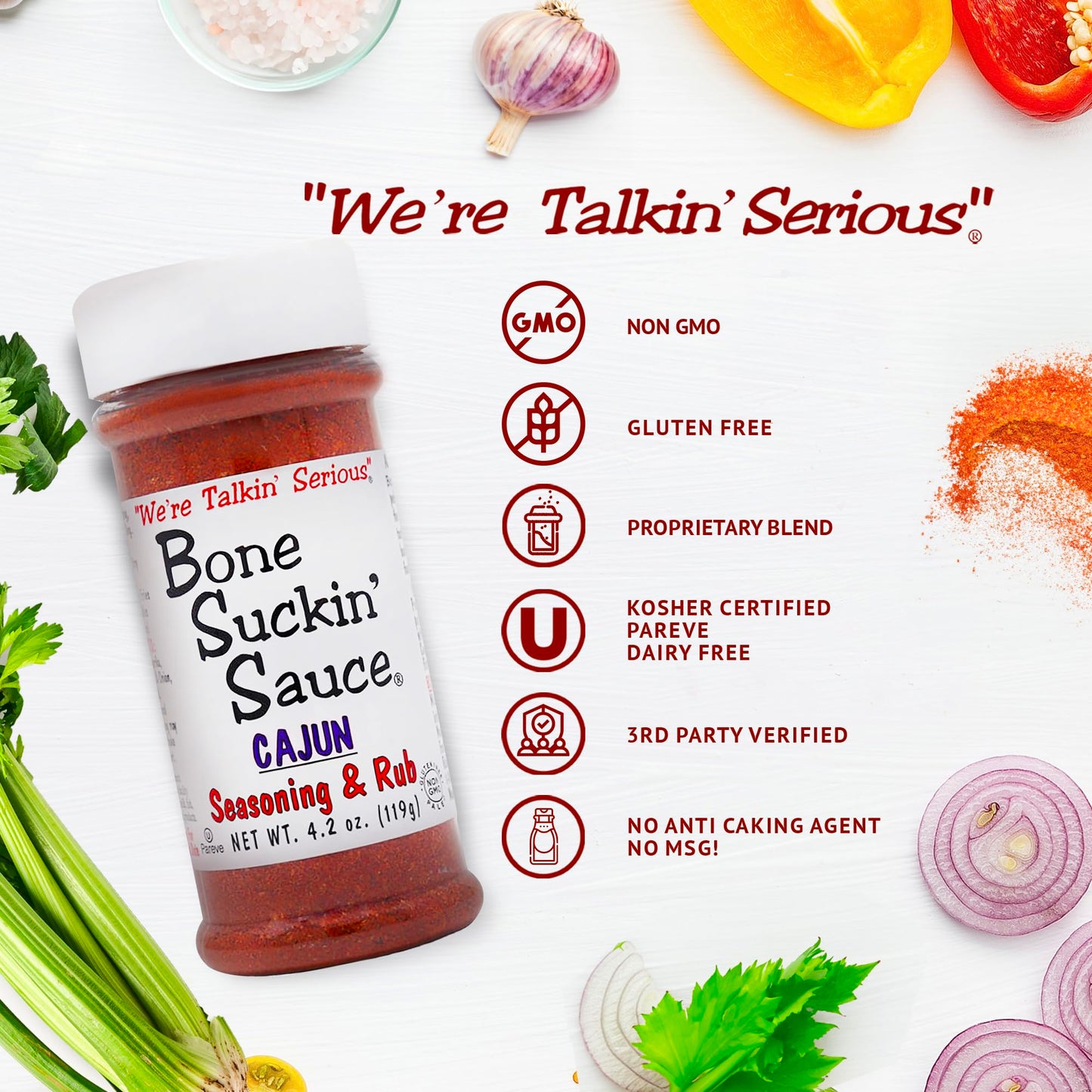 Bone Suckin' Cajun Seasoning & Rub, 4.2 Oz - Gluten-Free, Non-Gmo, Kosher, Pareve, Paleo & Sugar Free. Great On Gumbo, Wings, Fr