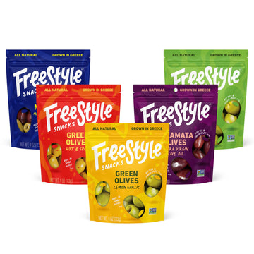 Freestyle Snacks Olive Snack Packs - Fresh Pitted Green & Kalamata Olives, 5 Flavors, Jumbo-Sized, Grown in Greece, All Natural,