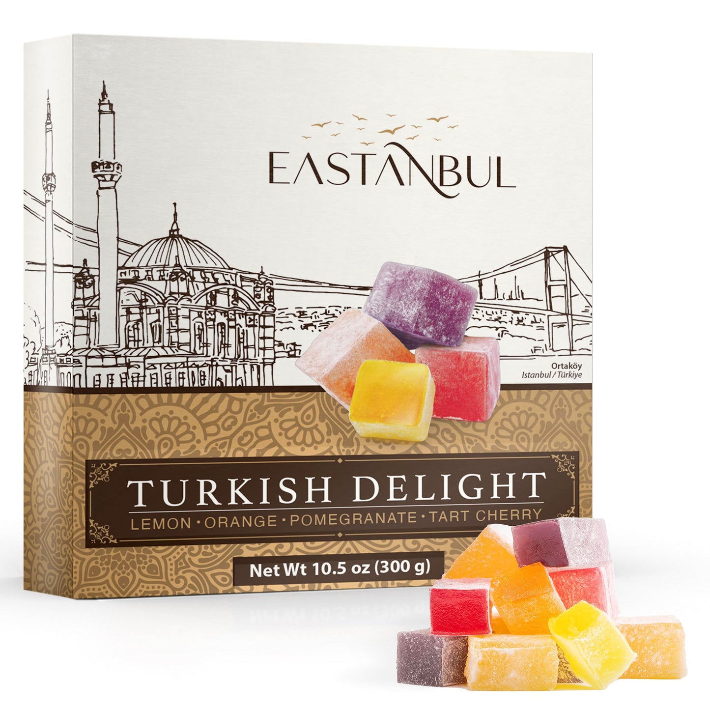 Eastanbul Turkish Delight Candy 10.5Oz, 4 Flavors Pomegranate, Orange, Tart Cherry, & Lemon Turkish Delights Assorted, Foreign C