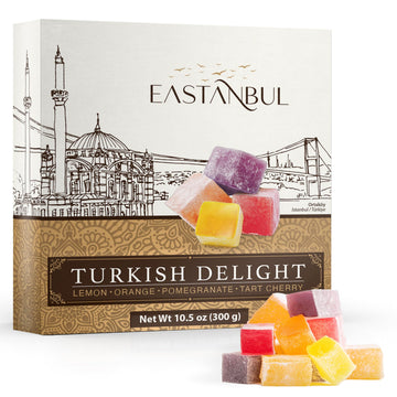 Eastanbul Turkish Delight Candy 10.5Oz, 4 Flavors Pomegranate, Orange, Tart Cherry, & Lemon Turkish Delights Assorted, Foreign C