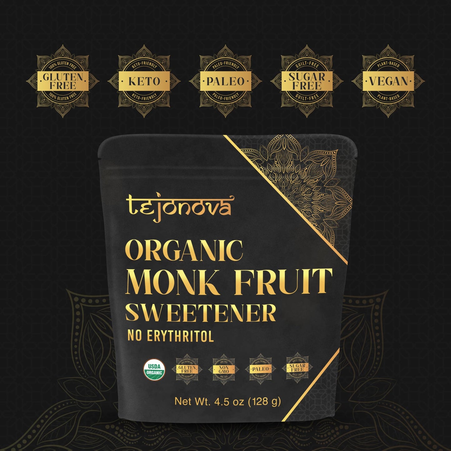 Tejonova Organic Monk Fruit Powder, Pure Sweetener, 4.5oz, No Erythritol, Monk Fruit Sugar Substitute