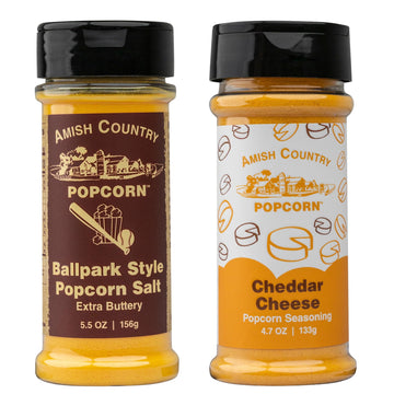 Amish Country Popcorn | Seasoning Variety Pack | BallPark Style ButterSalt - 5.5 oz & Cheddar Cheese - 4.7 oz Popcorn Seasoning 