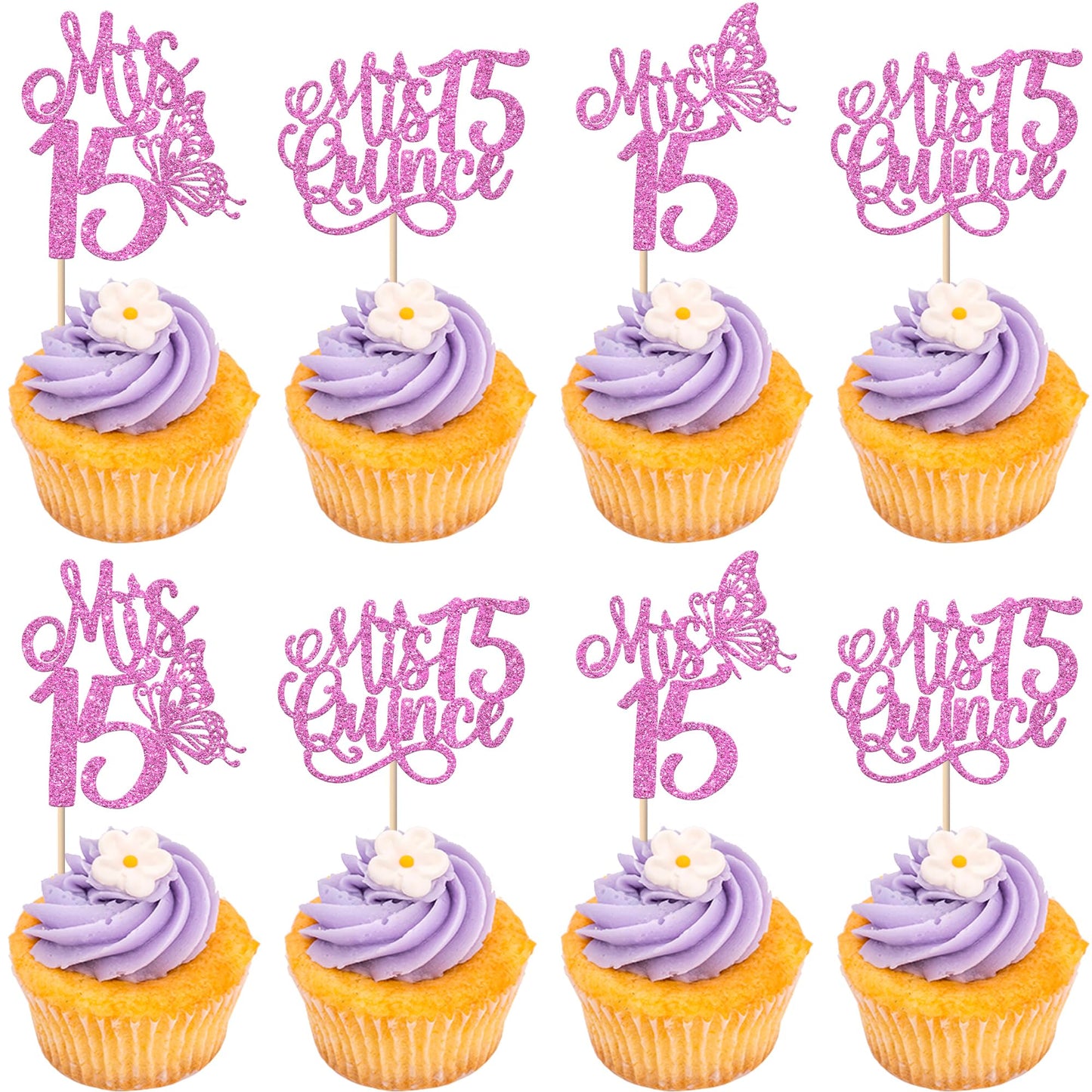 Rsstarxi 15 Cupcake Toppers - 24 Pack, Purple Design for 15th Birthday Party Decorations
