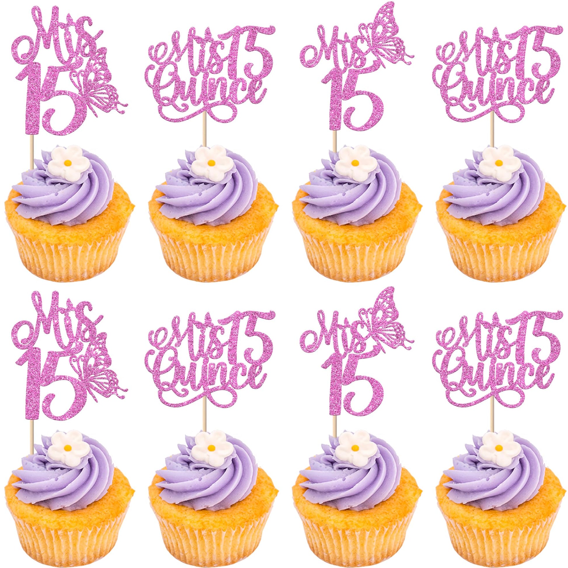 Rsstarxi 15 Cupcake Toppers - 24 Pack, Purple Design for 15th Birthday Party Decorations