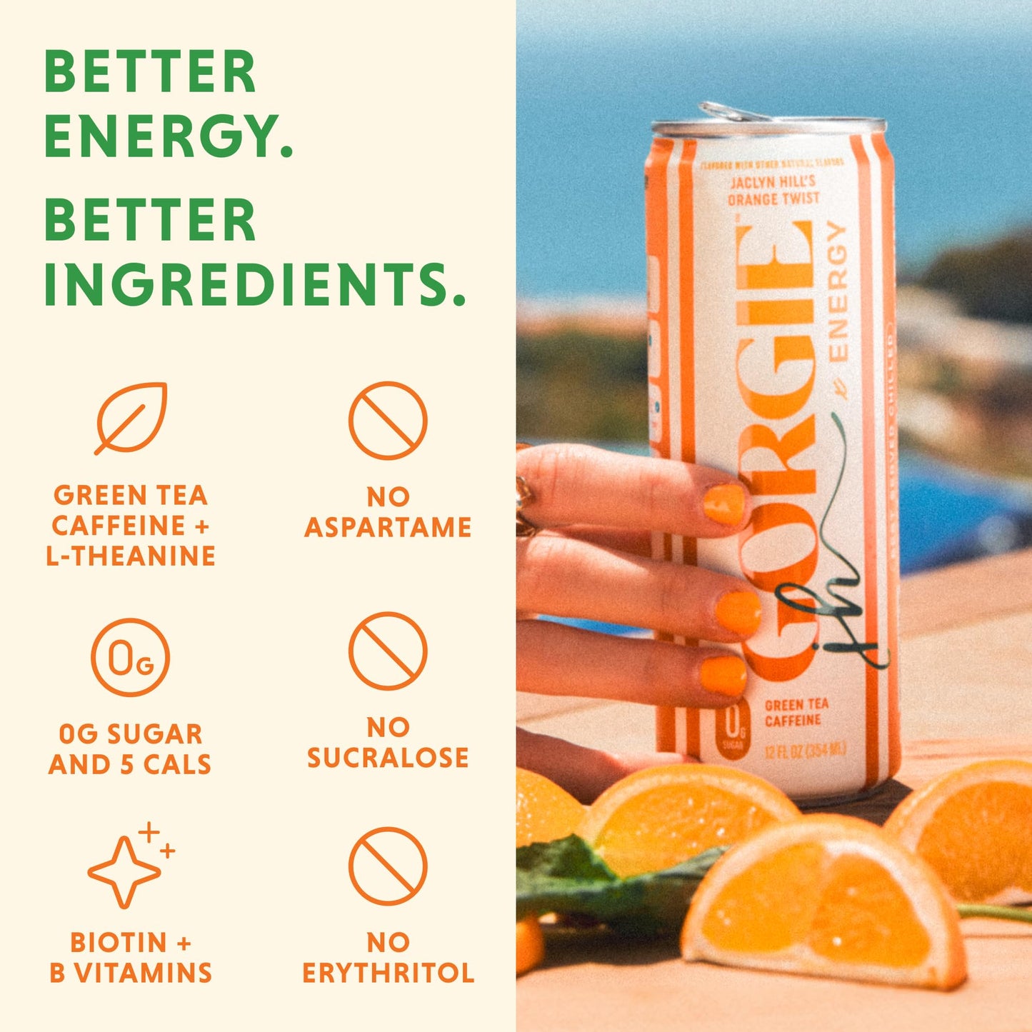 GORGIE Sugar Free Natural Energy Drinks, Orange Twist, 12 Pack, Vegan, Low Calorie, Sparkling Energy with Green Tea Caffeine