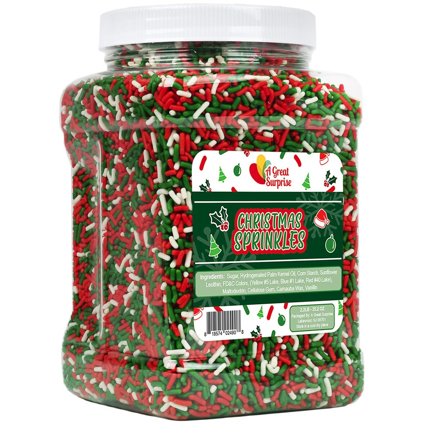Christmas Sprinkles Bulk - 2.2 LB - Xmas Tree Jimmies - Red, Green & White Confetti for Dessert Decorating - Holiday Baking Topp