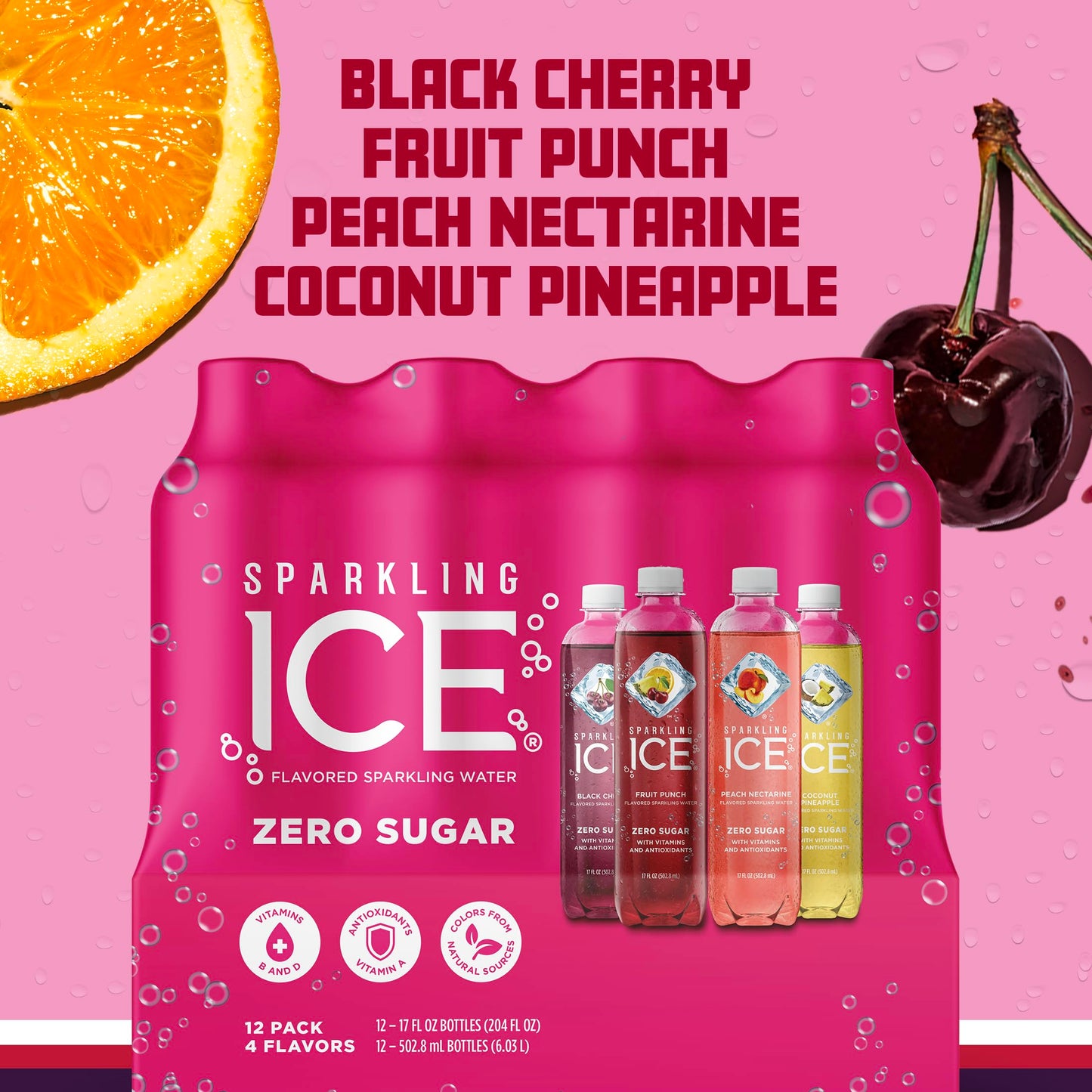 Sparkling Ice Pink Variety Pack, Flavored Sparkling Water, Zero Sugar, And Vitamins And Antioxidants, 17 Fl Oz, 12 Count (Black