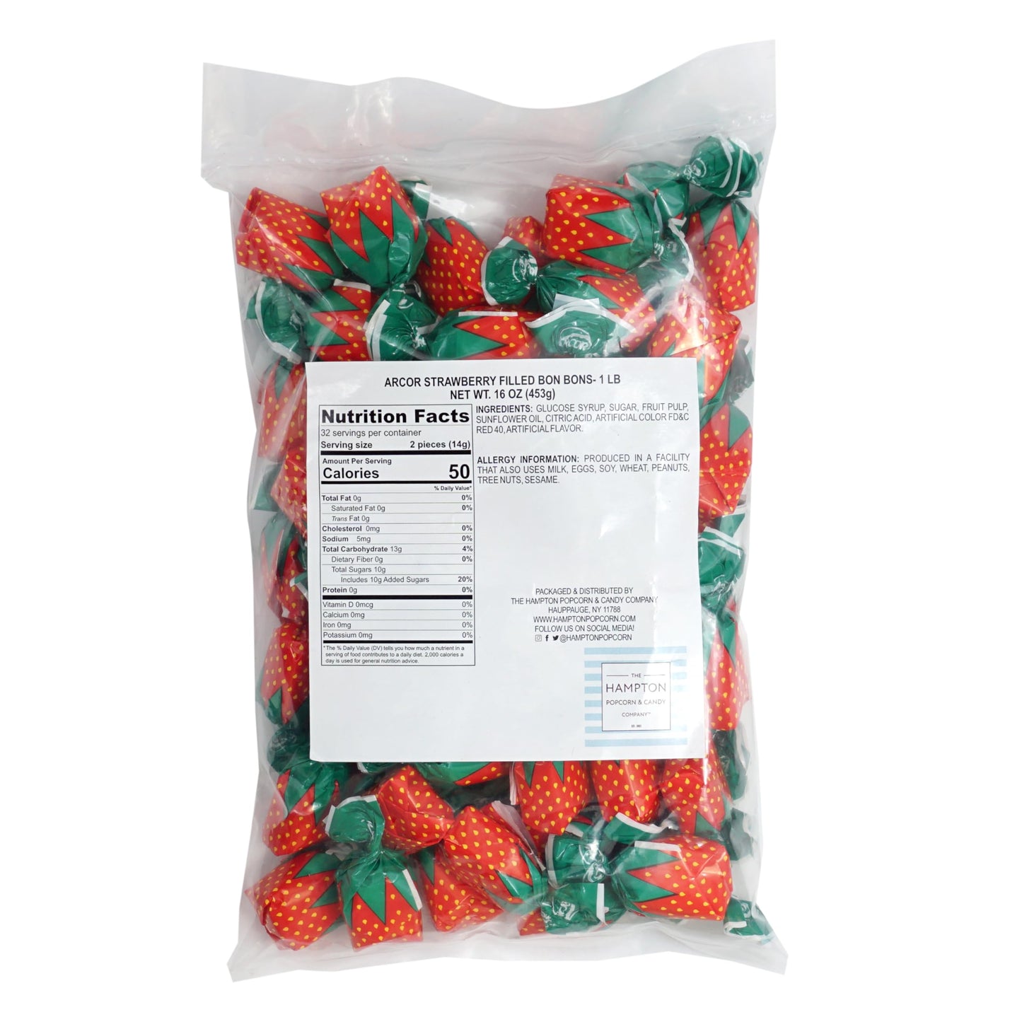 Strawberry Bon Bons Hard Candy, 1 Pound (Approx. 75 Pcs.), Arcor Strawberry Candy Individually Wrapped, Strawberry Candy, The Ha