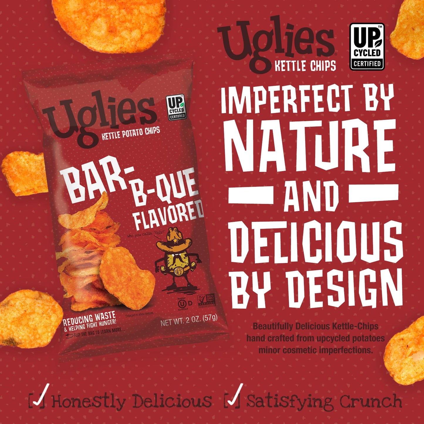Uglies BBQ Kettle-Cooked Potato Chips, Gluten-Free, Kosher, Non-GMO, 2 Oz. Bags, Pack of 12, Orange