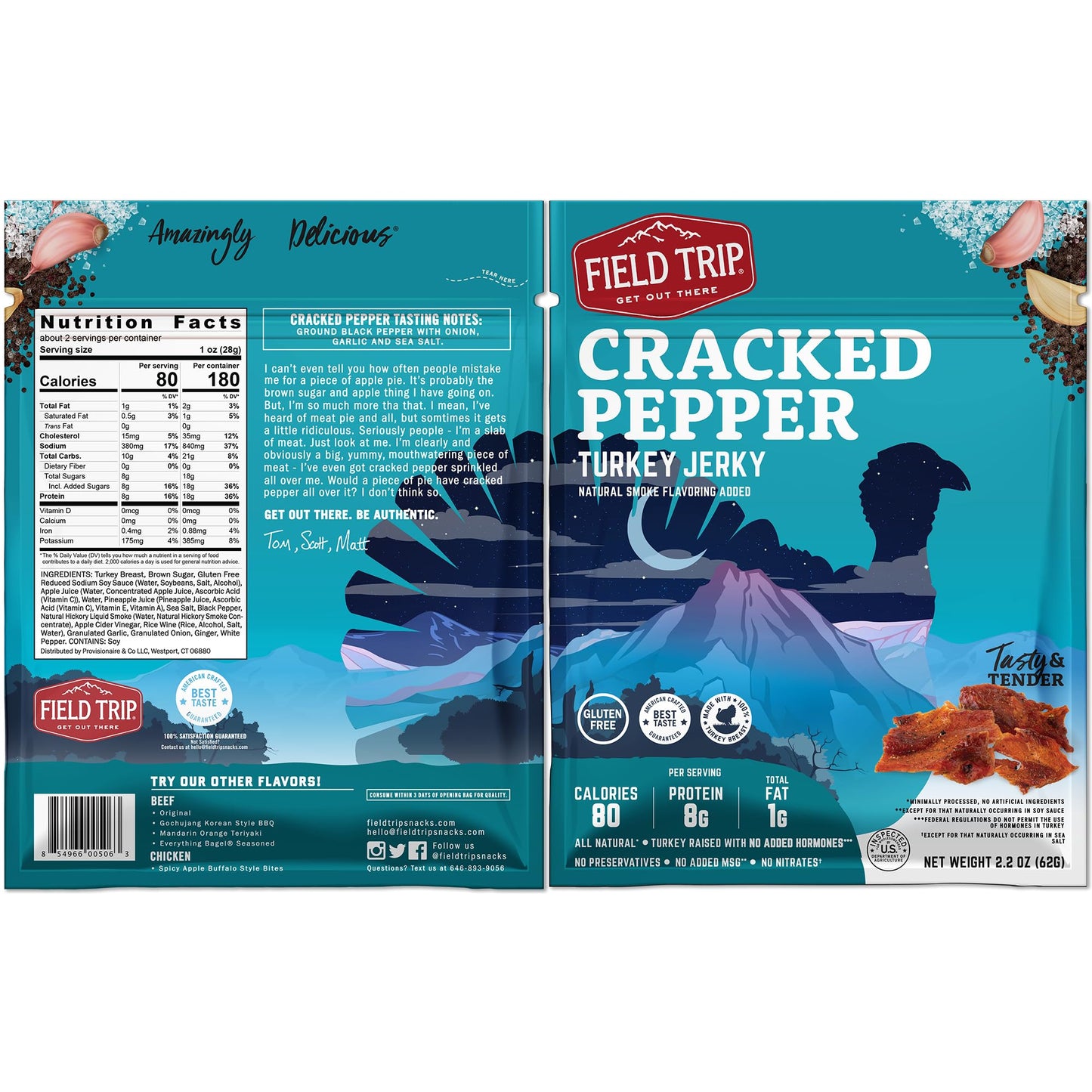 Field Trip Turkey Jerky, Gluten Free, Low Carb,  ed Pepper, 2.2oz Bags, 4 Pack