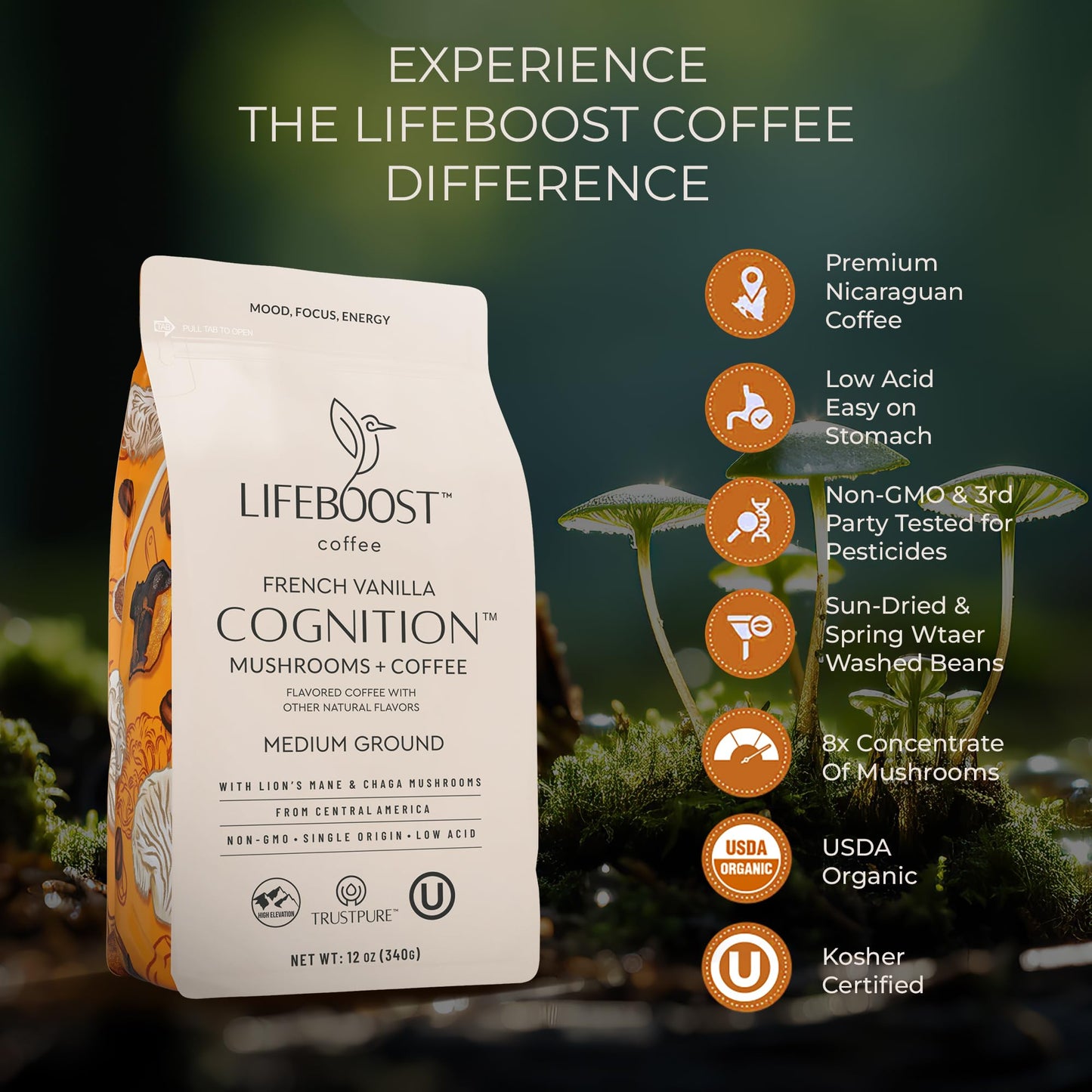 Lifeboost French Vanilla Cognition Mushroom Coffee - Low Acid Medium Organic Coffee With Nootropic Lions Mane & Chaga Mushrooms