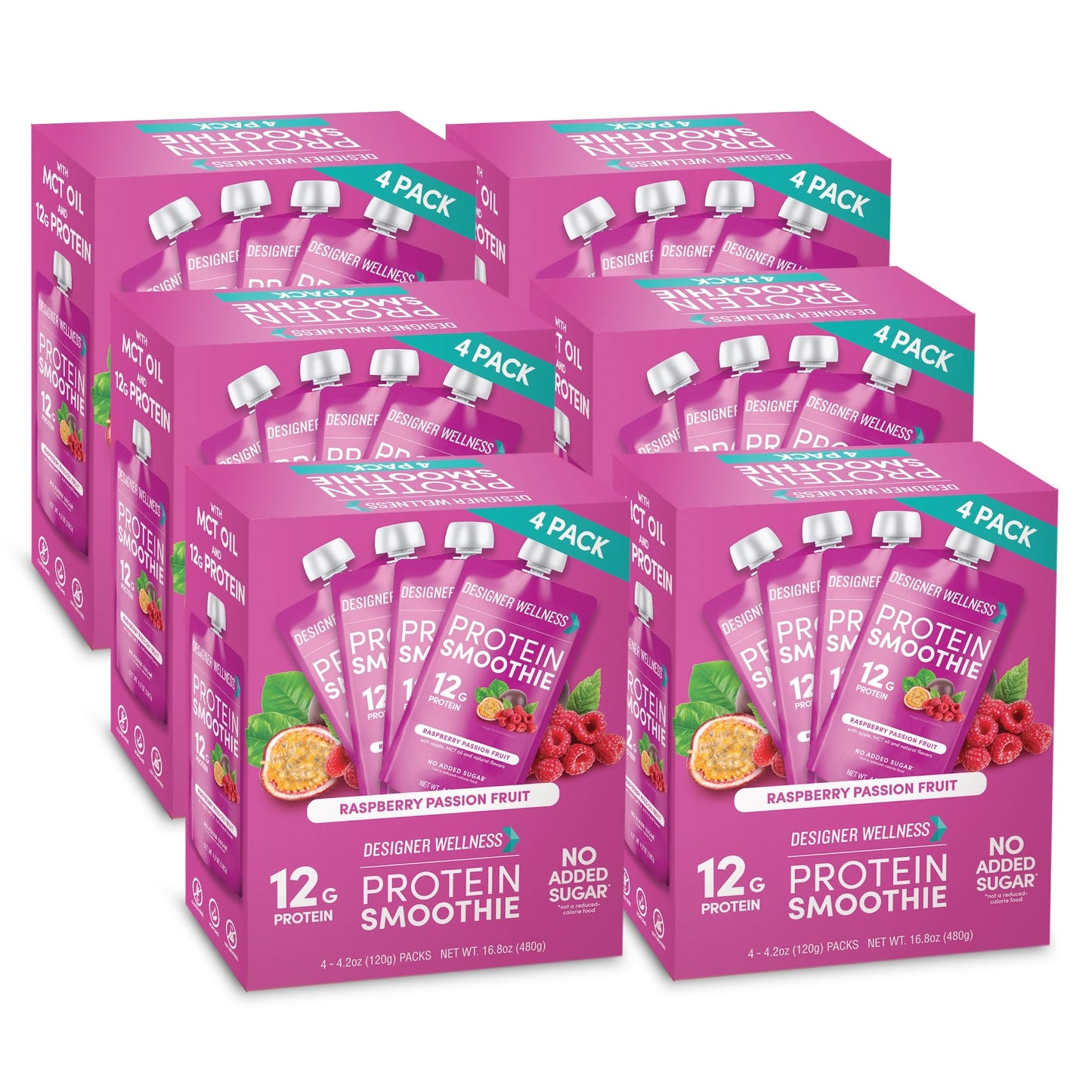 Designer Wellness Protein Smoothie, Real Fruit, 12g Protein, Low Carb, Gluten-Free, Raspberry Passion Fruit, 4.2 Fl Oz (Pack of 24)