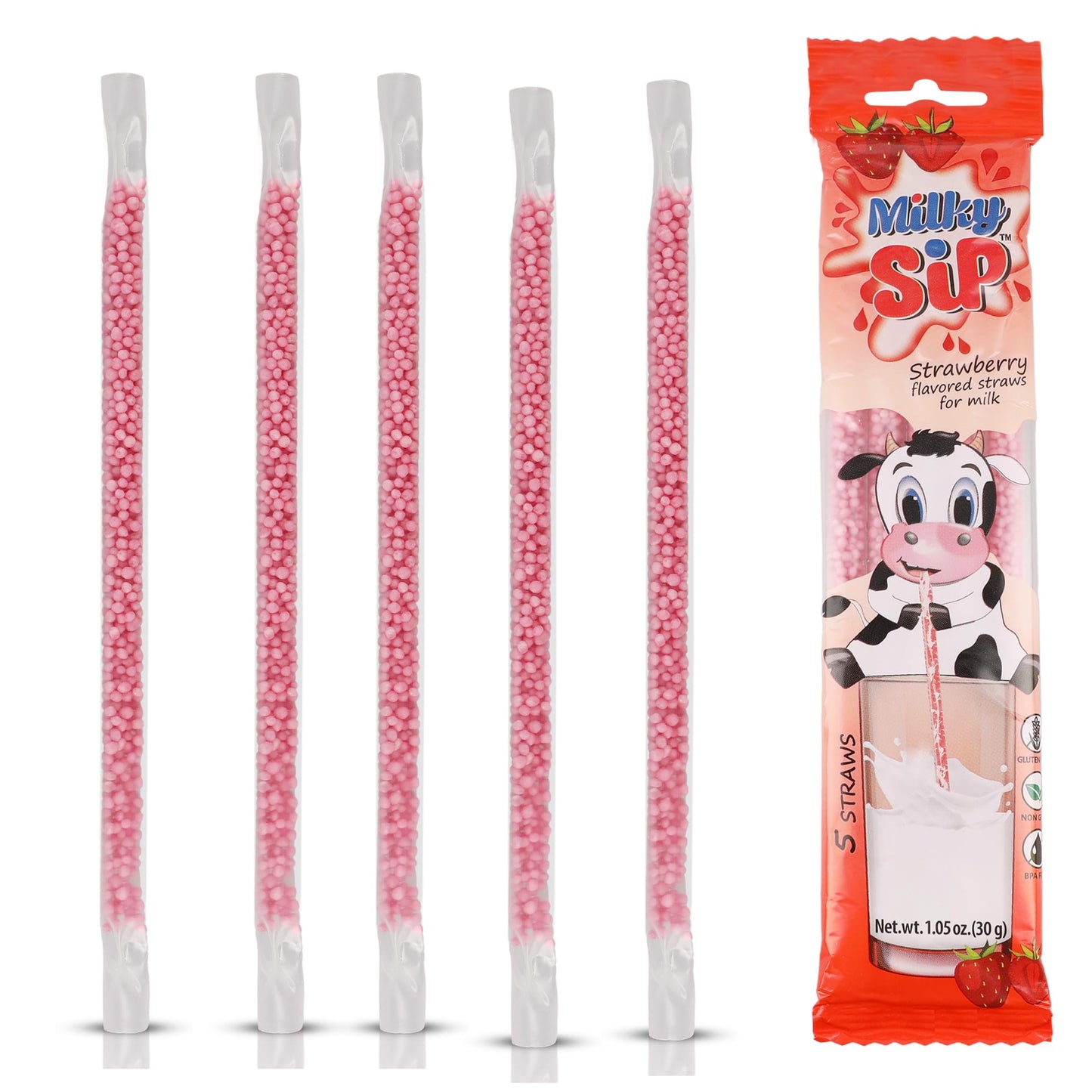 Milky Sip Magical Milk Straws - 4 Packs of 5 Pcs Each Strawberry Flavored Straws For Milk, 20 Milk Flavoring Straws for Kids. Ma