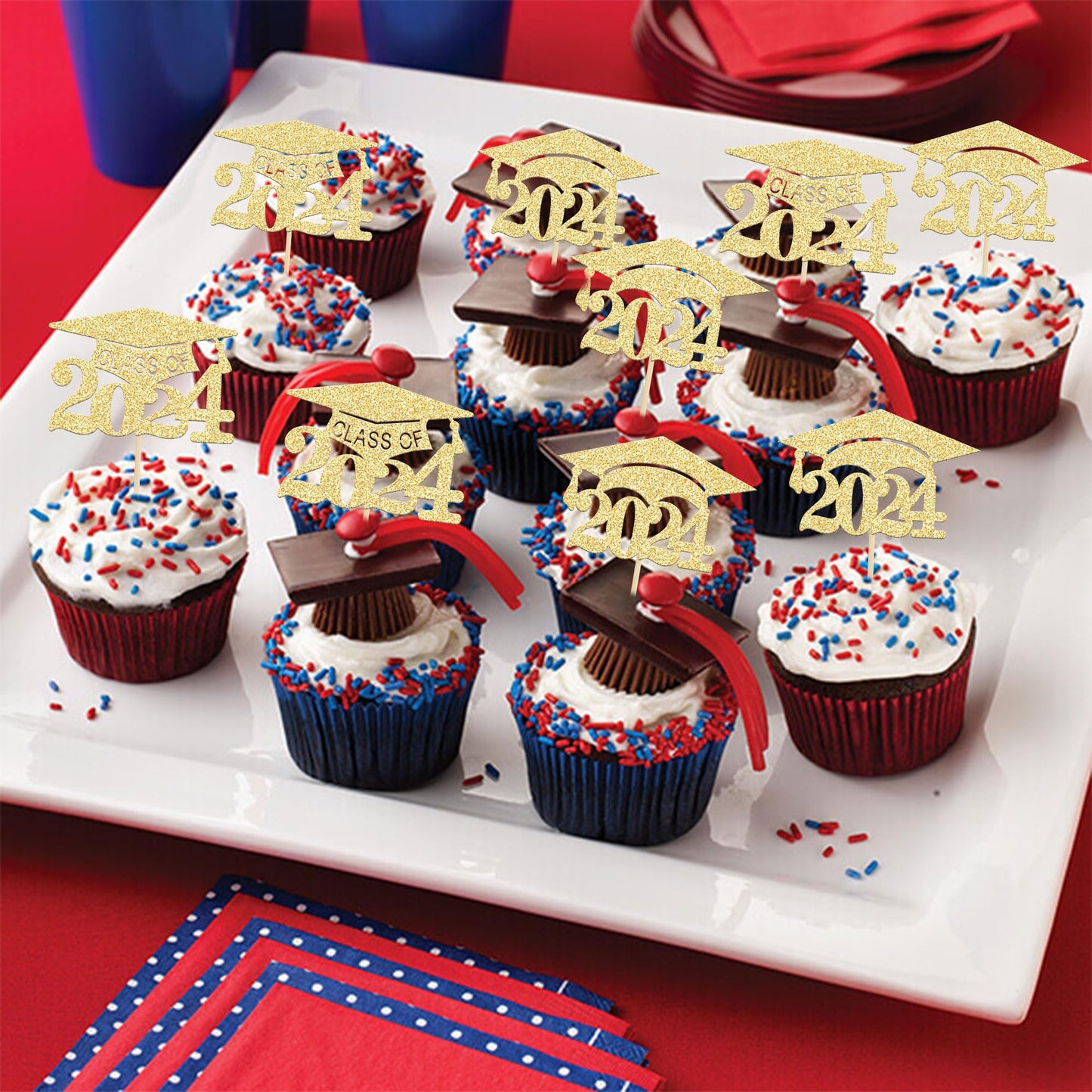 Gyufise 24Pcs Gold Glitter 2024 Graduation Cupcake Toppers Class Of 2024 Grad Cap Cake Picks Decorations For So Proud Of You 202