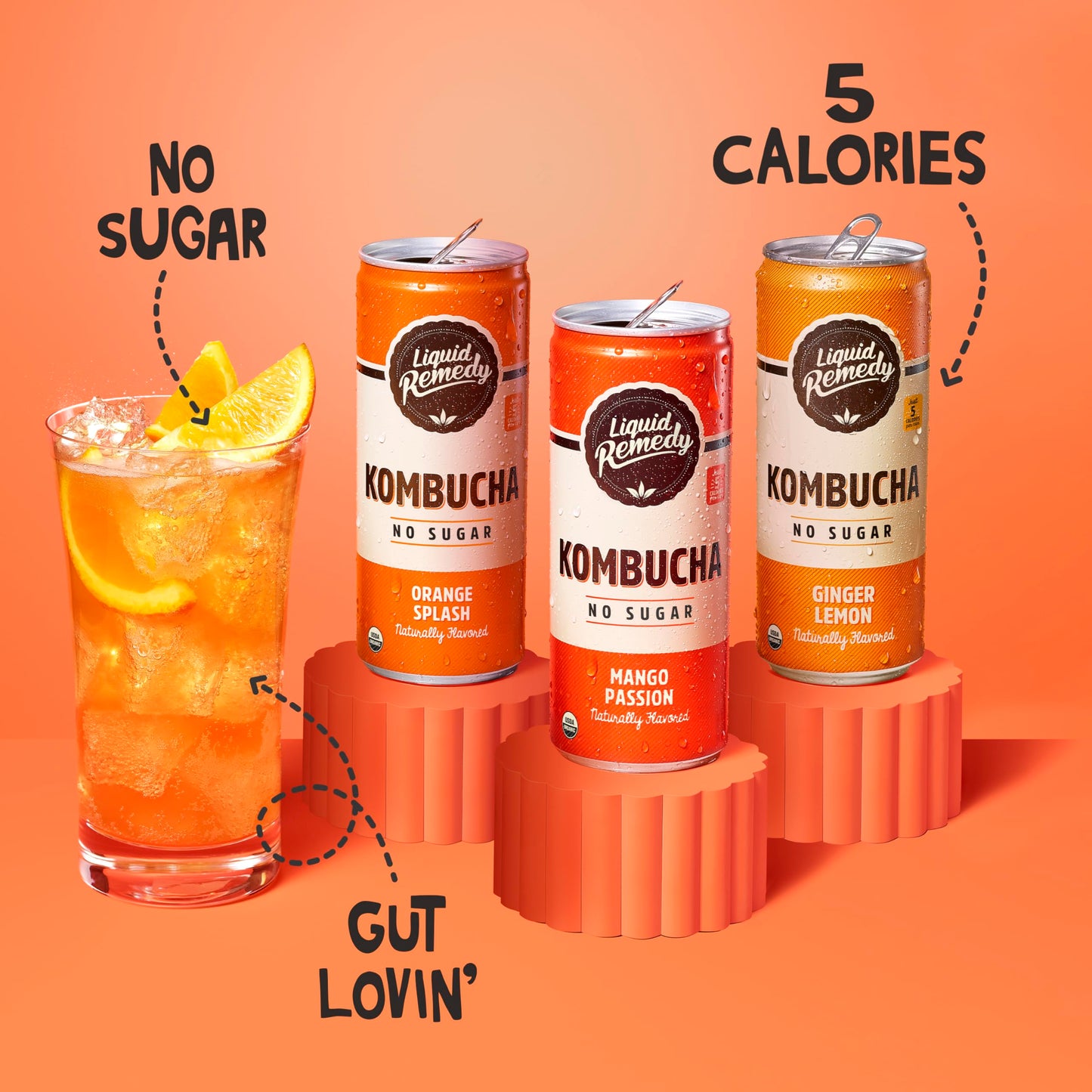 Liquid Remedy Kombucha Sugar Free Organic Drink, Low Calorie, Probiotic Like Tea For Gut Health - Tropical Trio Variety Pack- 8.