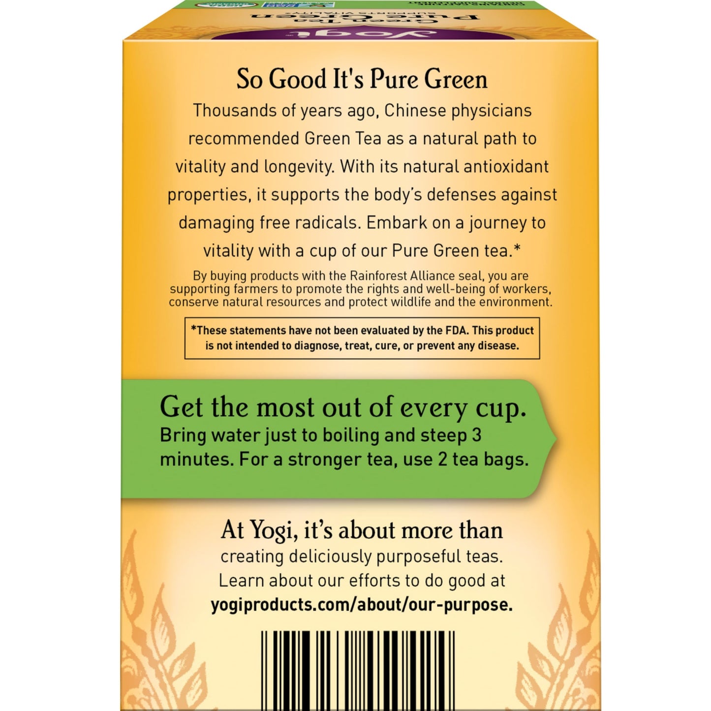 Yogi Pure Green Tea - Organic - 16 Bags per Pack (6 Packs) - Yellow