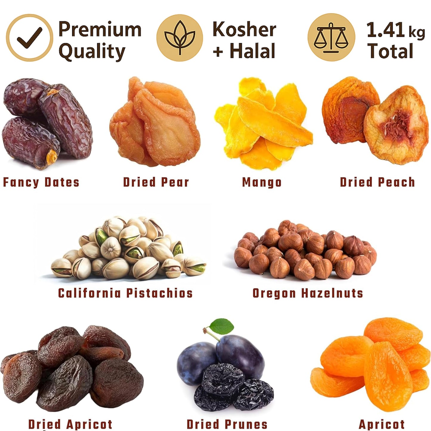 Anna And Sarah Gourmet Dried Fruit & Nuts In Wooden Gift Box Includes Strip Mango-Fancy Dates-Pear-Peach- Apricot-Dried Prune-Apricot-Oregon Hazelnut And California Pistachios Kosher-Halal For Christmas-Holiday For Mom-Dad-Boy-Girl Everyone