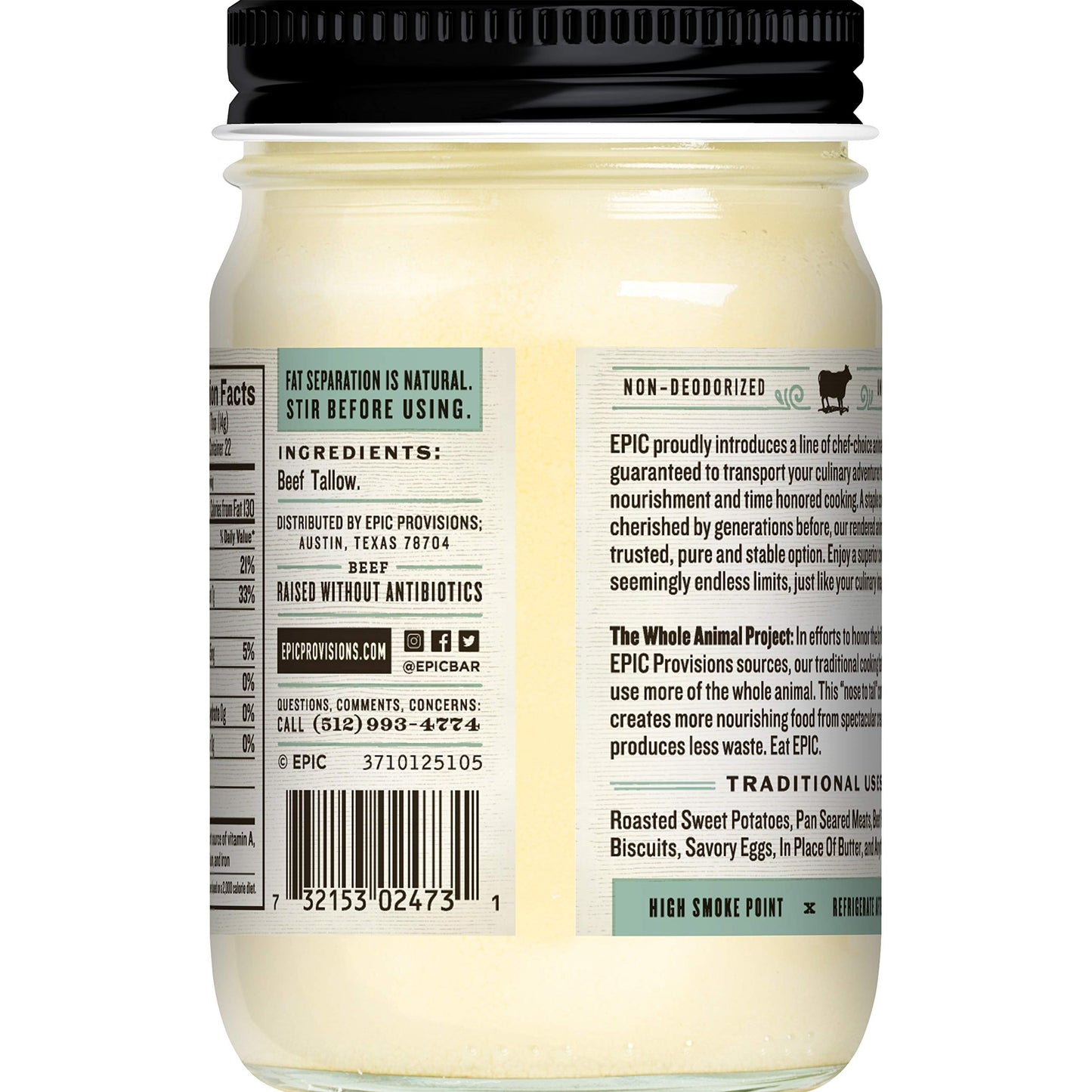 Epic Beef Tallow, Grass-Fed, Keto Friendly, Whole30, 11Oz Jar