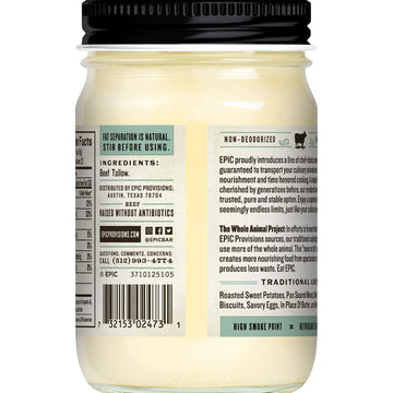 Epic Beef Tallow, Grass-Fed, Keto Friendly, Whole30, 11Oz Jar