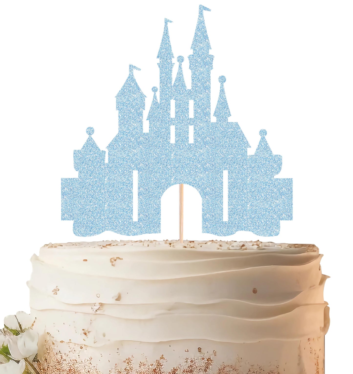 EONNCNT Castle Cake Topper - Light Blue Glitter Cardboard Decoration, 6.3 x 8.7 inches, Birthday Party Supplies