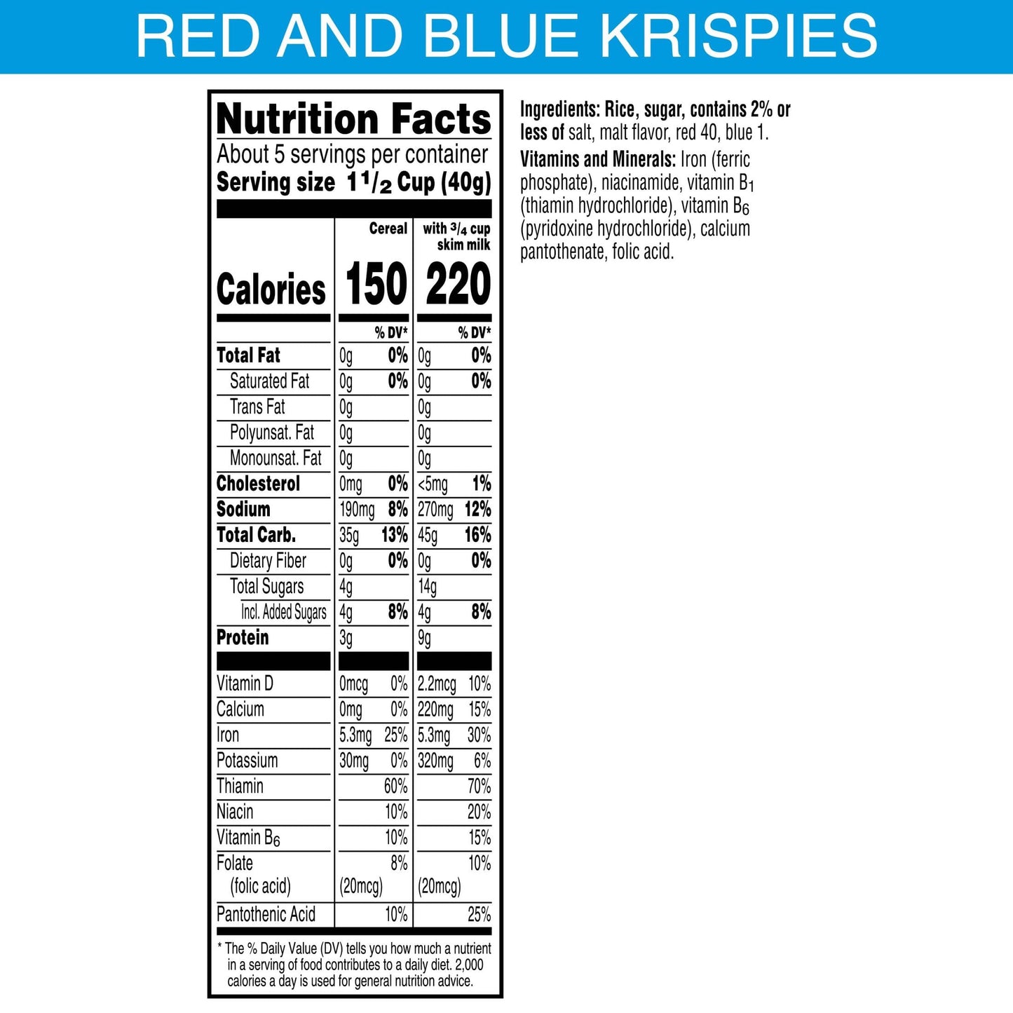 Kellogg's Rice Krispies Cereal, Summer Snacks, Red & Blue Color Mix, 7.5oz Box - Family Breakfast Treat