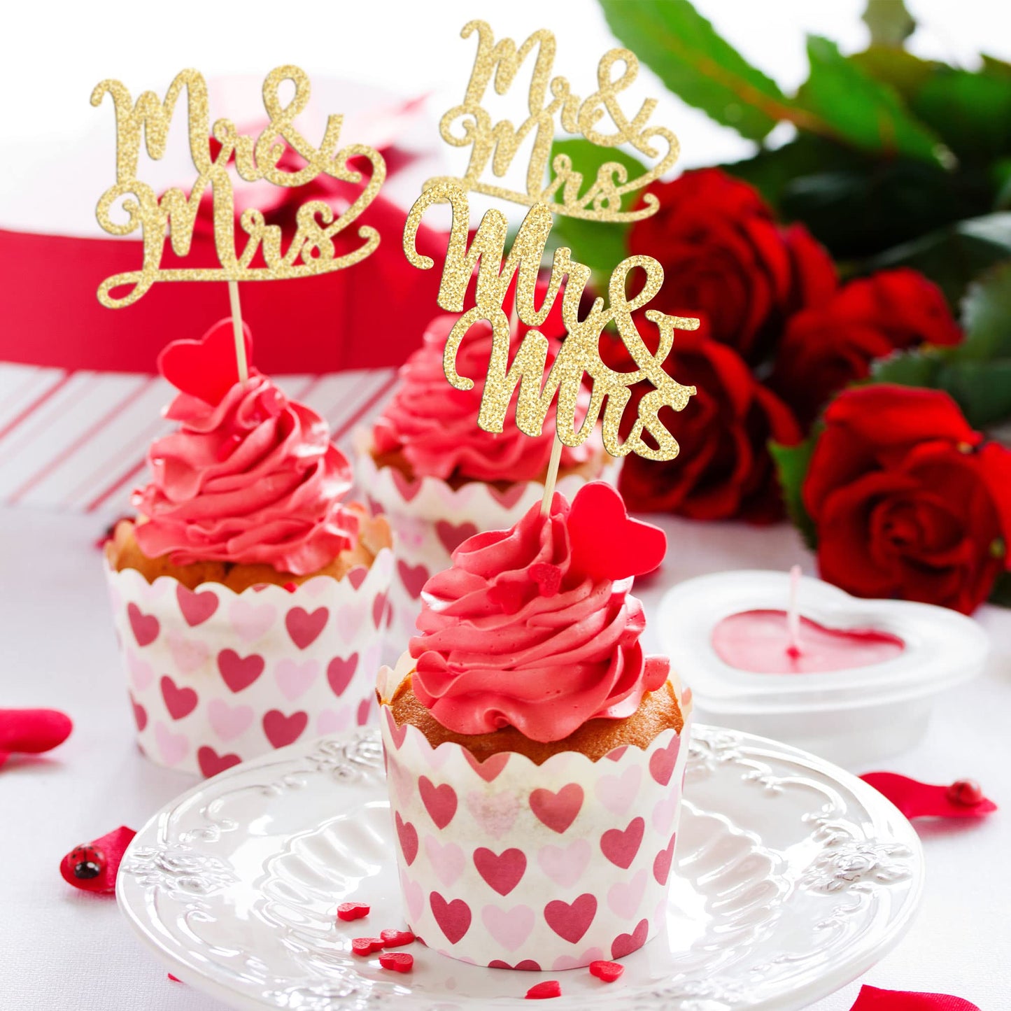 Gyufise 36Pcs Mr & Mrs Cupcake Toppers Love Mr Mrs Cupcake Picks Gold Glitter Wedding Cucpake Toppers Bridal Shower Cake Decorat