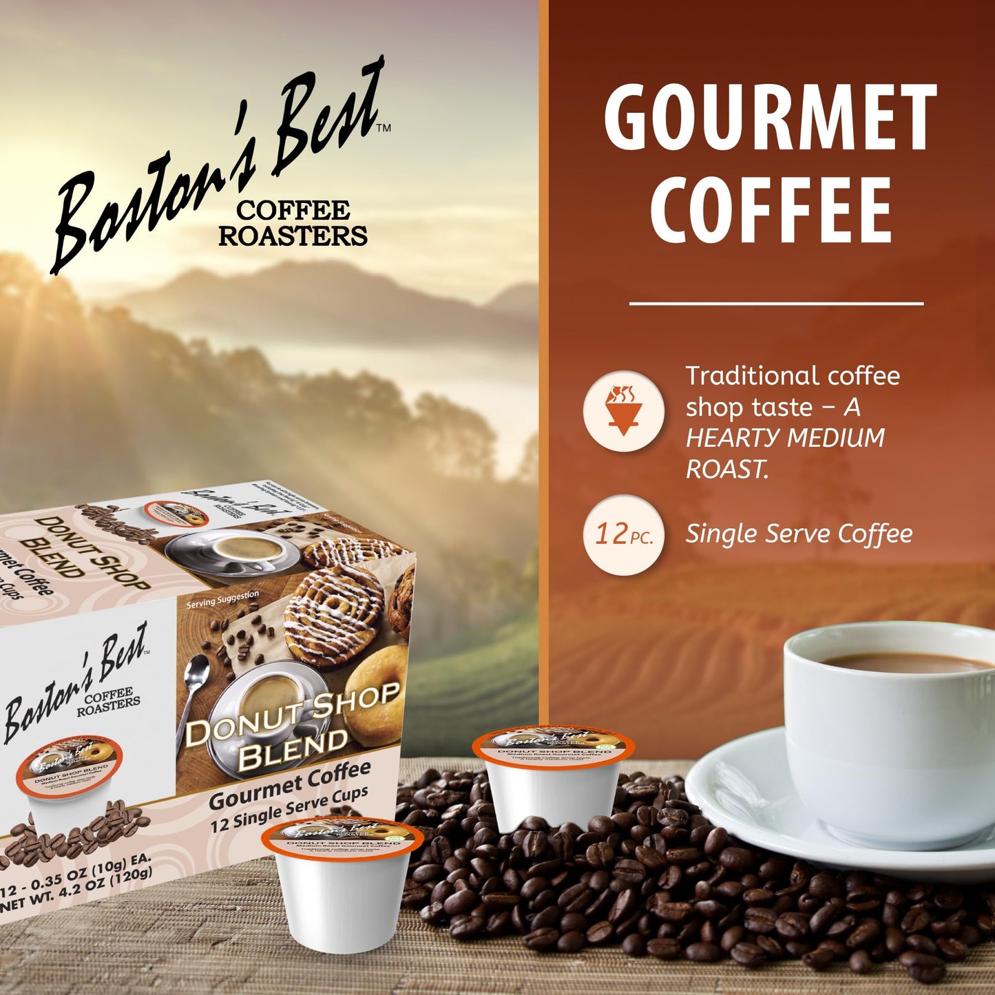 Bostons Best Hearty Donut Shop Decaf Medium Roast Coffee, 12 Single Serve Cups, Compatible with Keurig CoffeeMaker