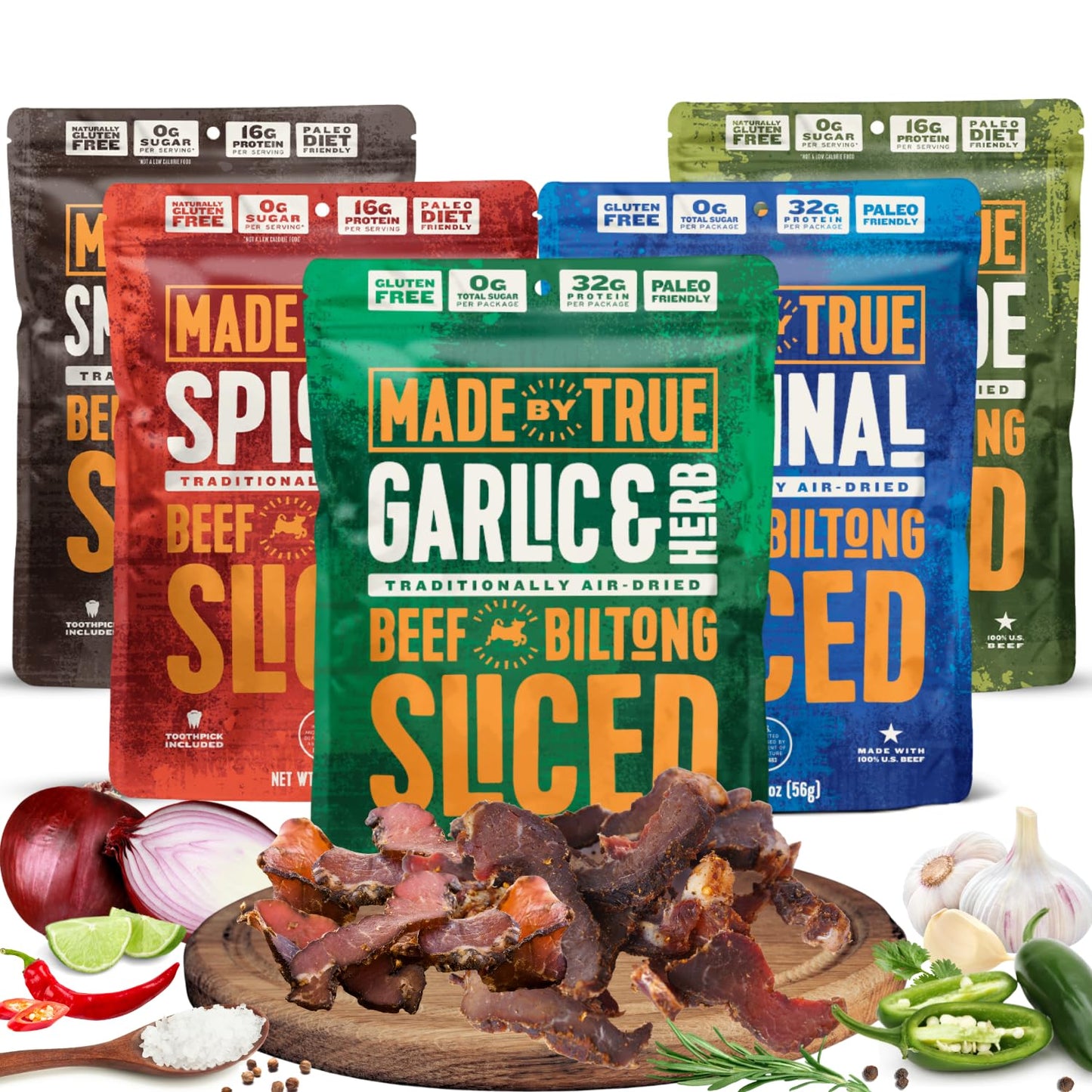 Made by True Beef Sliced Bites Ultimate Variety (2 Ounce, Pack of 5) - All Natural, Zero-Sugar True Jerky Biltong - High Protein