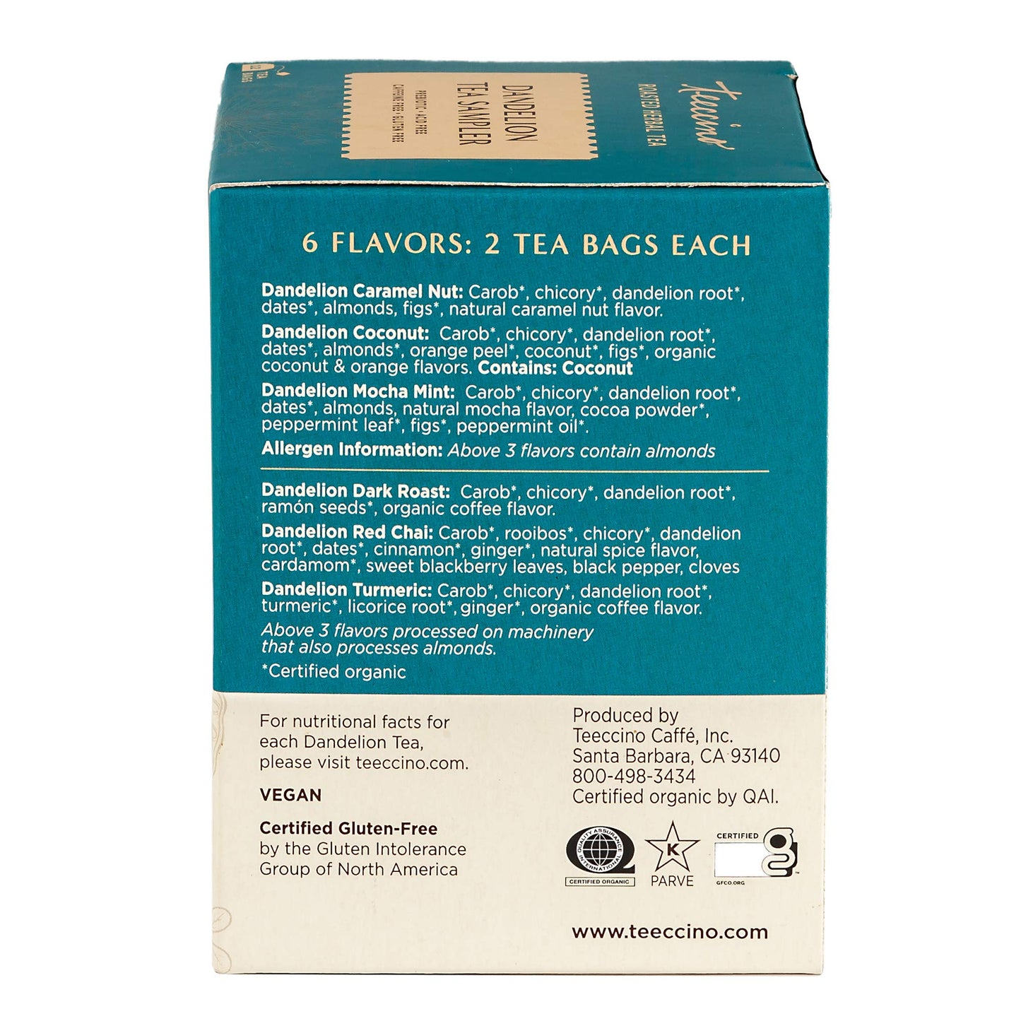 Teeccino Dandelion Tea Sampler - Caffeine Free Herbal Tea, 12 Count, Includes Caramel Nut, Coconut, Dark Roast, Mocha Mint, Red Chai, Turmeric