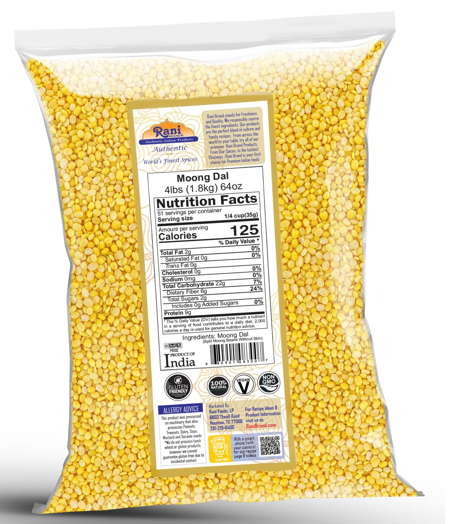 Rani Moong Dal (Split Mung Beans Without Skin) Lentils Indian 64Oz (4Lbs) 1.81Kg Bulk ~ All Natural | Gluten Friendly | Non-Gmo | Kosher | Vegan | Indian Origin
