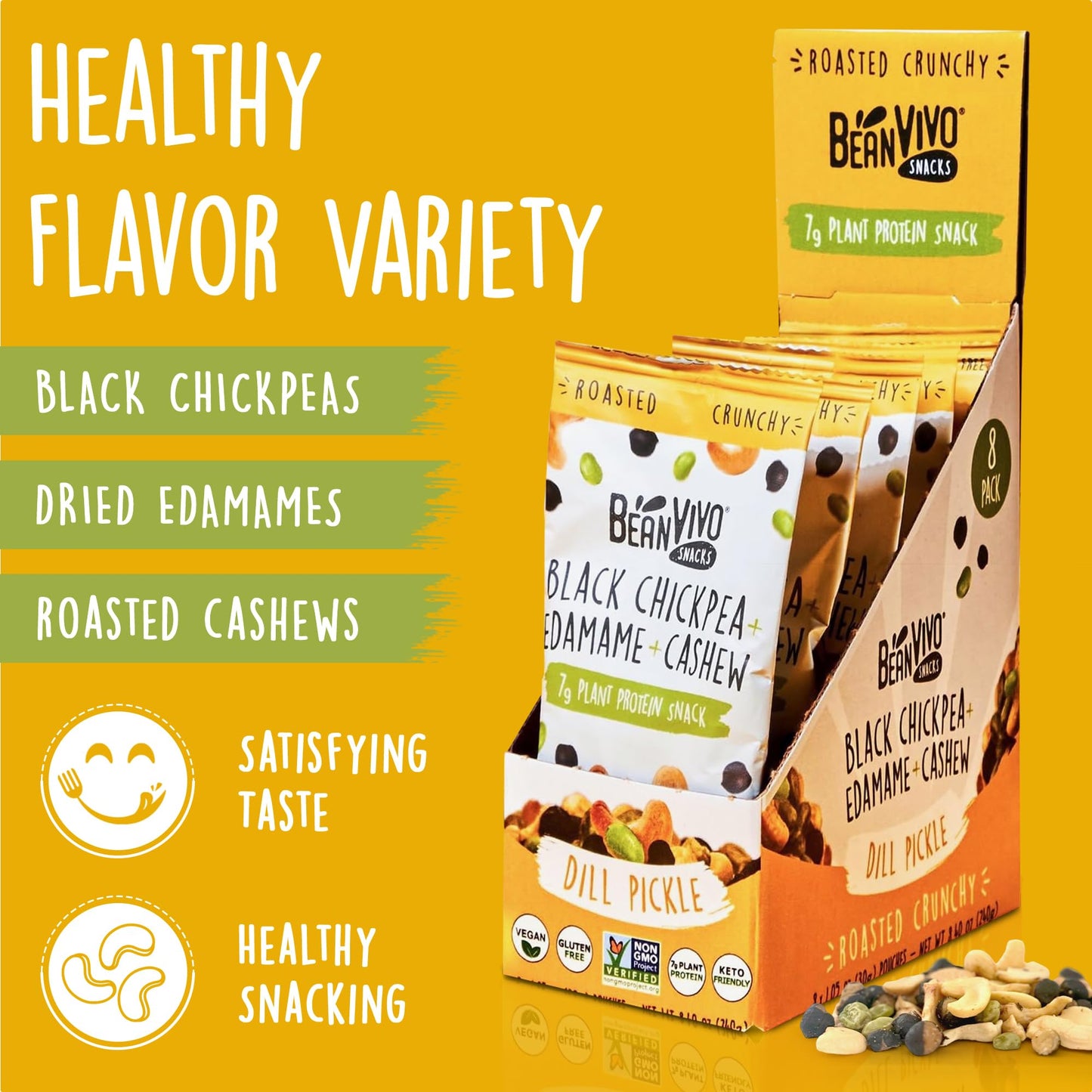Beanvivo Healthy Snacks For Mature-Themeds & Kids With 7G Protein & 4G Fiber Per Serving With Dried Edamame, Roasted Cashew And Black Chickpeas - Vegan & Gluten Free - Keto Friendly & Non-Gmo - 8Pack (1.05 Oz Each Pouch)