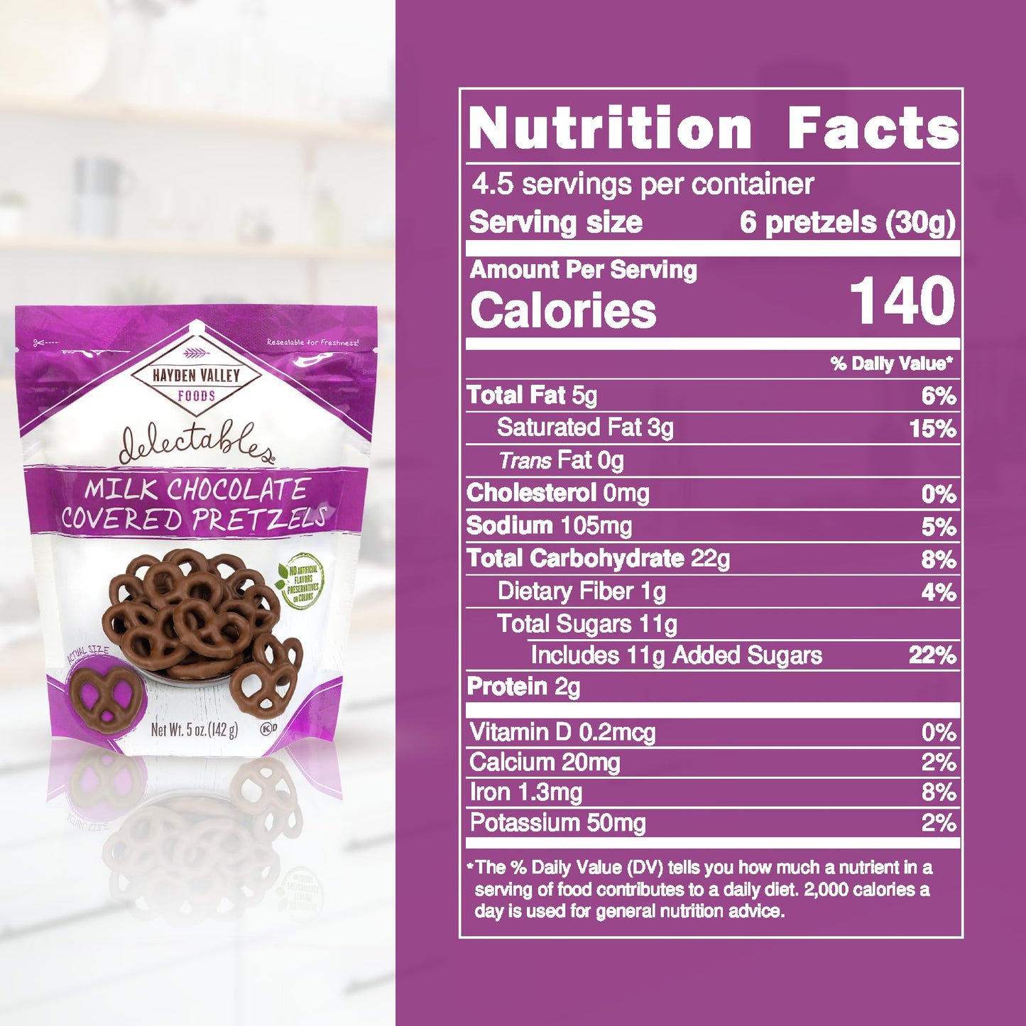 Hayden Valley Foods Milk Chocolate Covered Pretzels, 5 oz Bags, Pack of 12, No Artificial Flavors or Preservatives, Gourmet Snacks