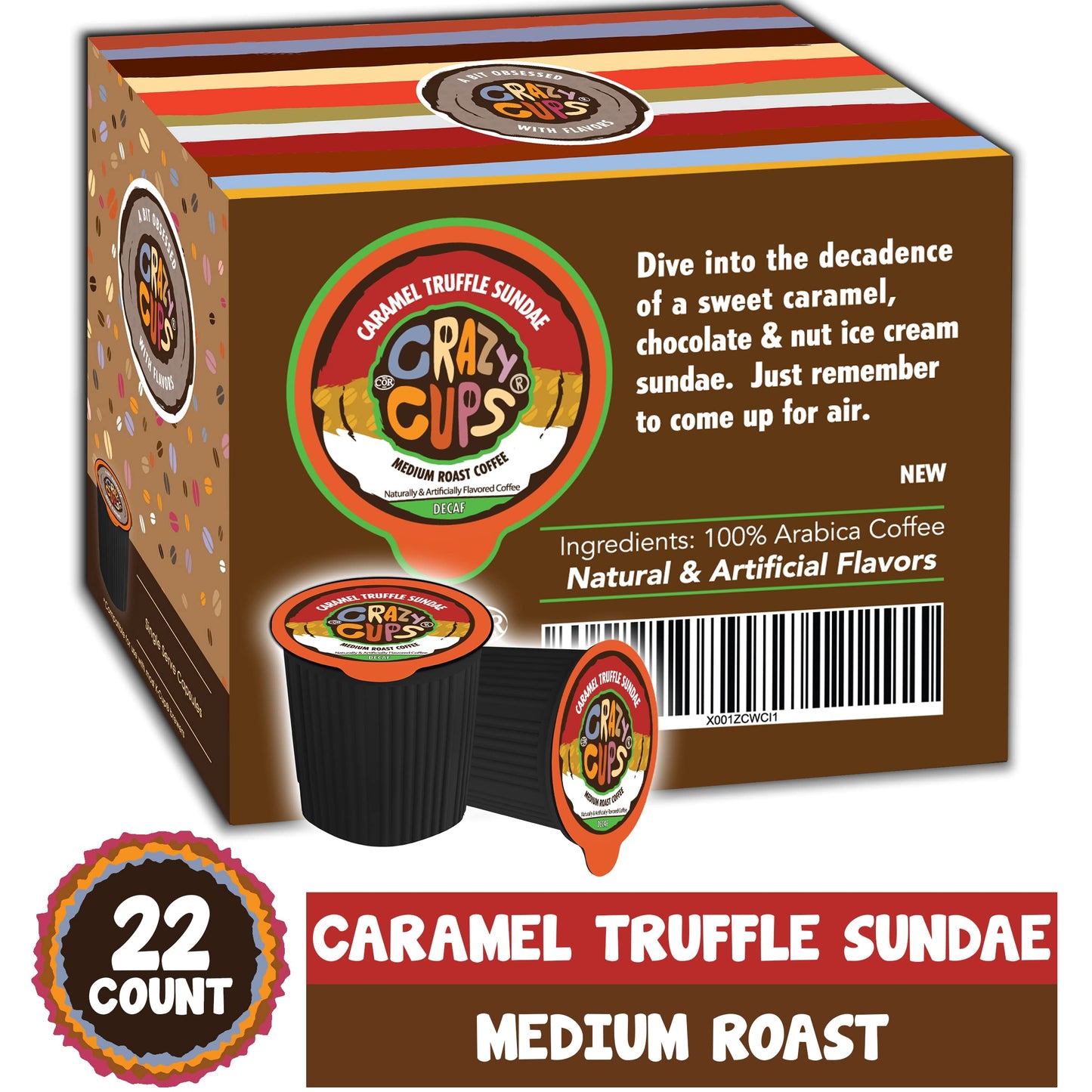 Crazy Cups Decaffeinated Caramel Hot/Iced Coffee Pods, 22 Count, Recyclable for Keurig K-Cups