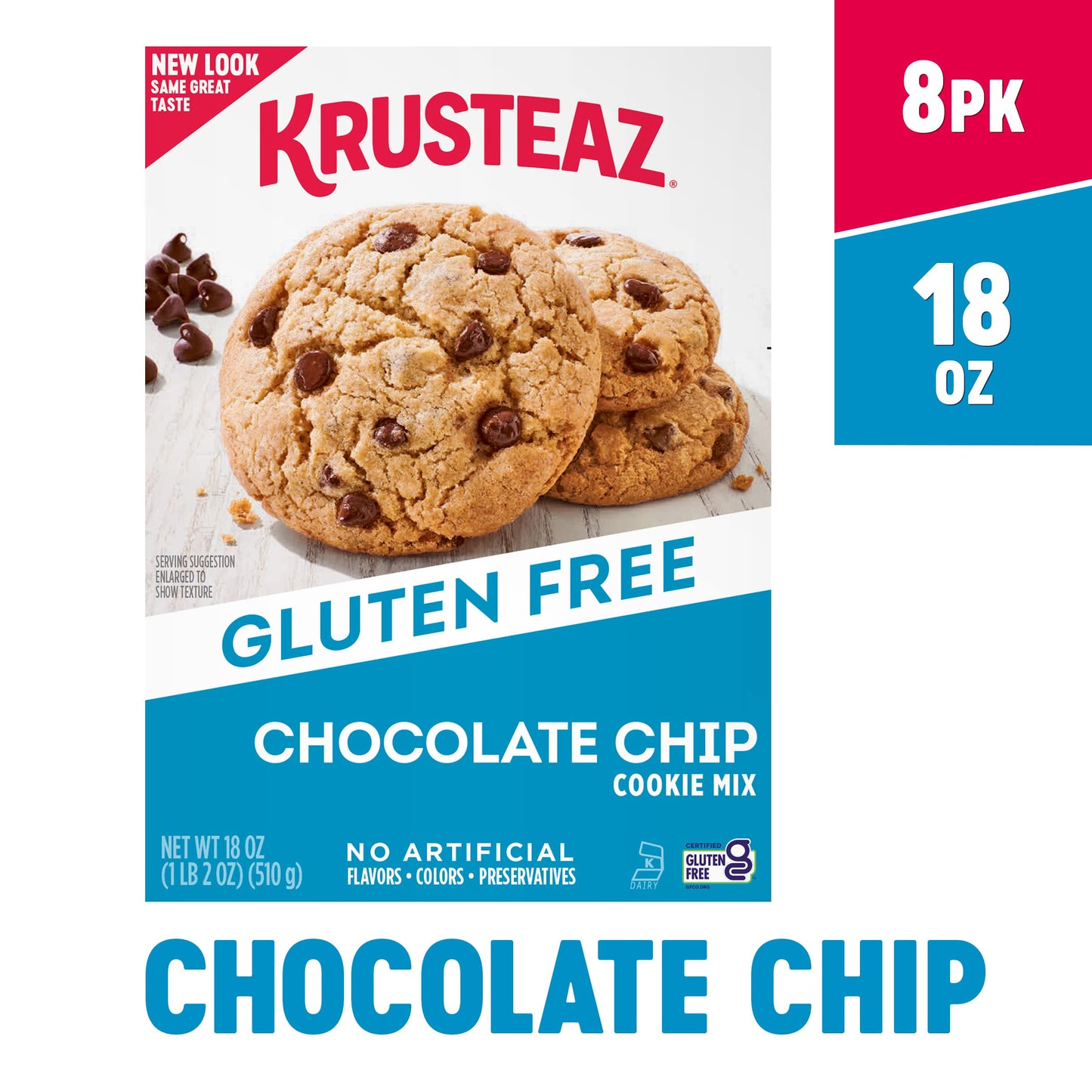 Krusteaz Gluten Free Chocolate Chip Cookie Mix, No Artificial Flavors, Colors, or Preservatives, 18 oz Boxes (Pack of 8)
