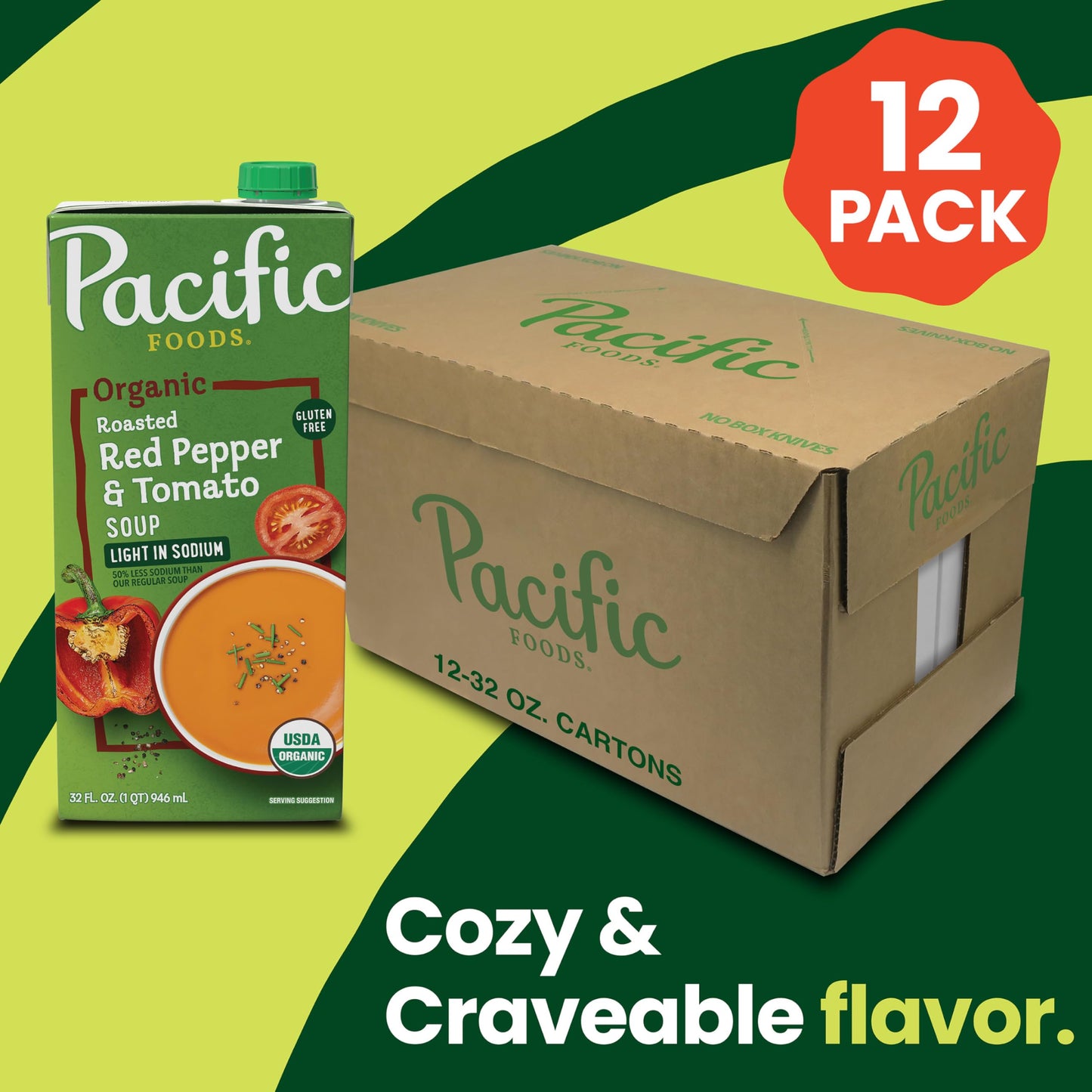 Pacific Foods Organic Creamy Roasted Red Pepper & Tomato Soup, Light Sodium,32 Fl Oz (Pack of 12)