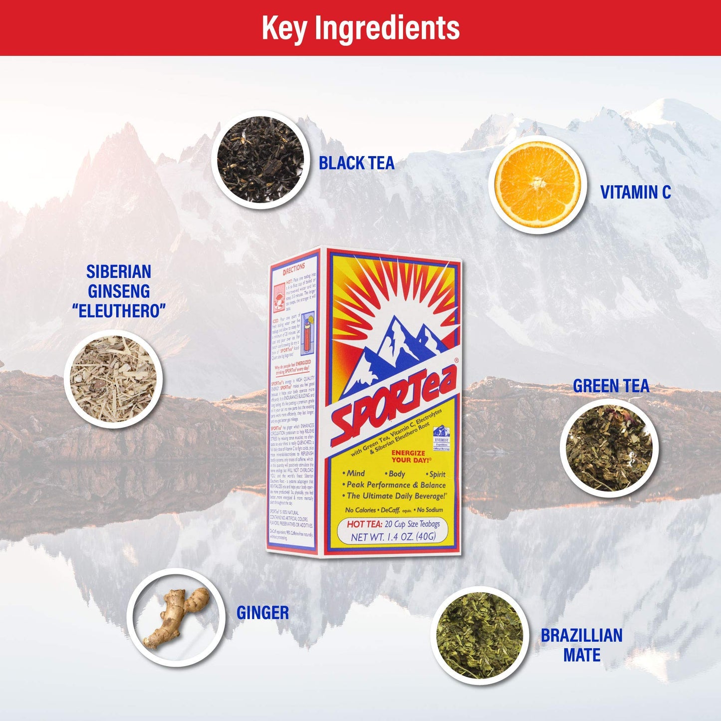 Sportea Hot | Natural Decaf Energy Drink W/Yerba Mate, Siberian Ginseng, Green & Black Tea, Electrolytes | Stress Fighter | Healthy, Easy Choice | 20 Hot Tea Bags | Single Box