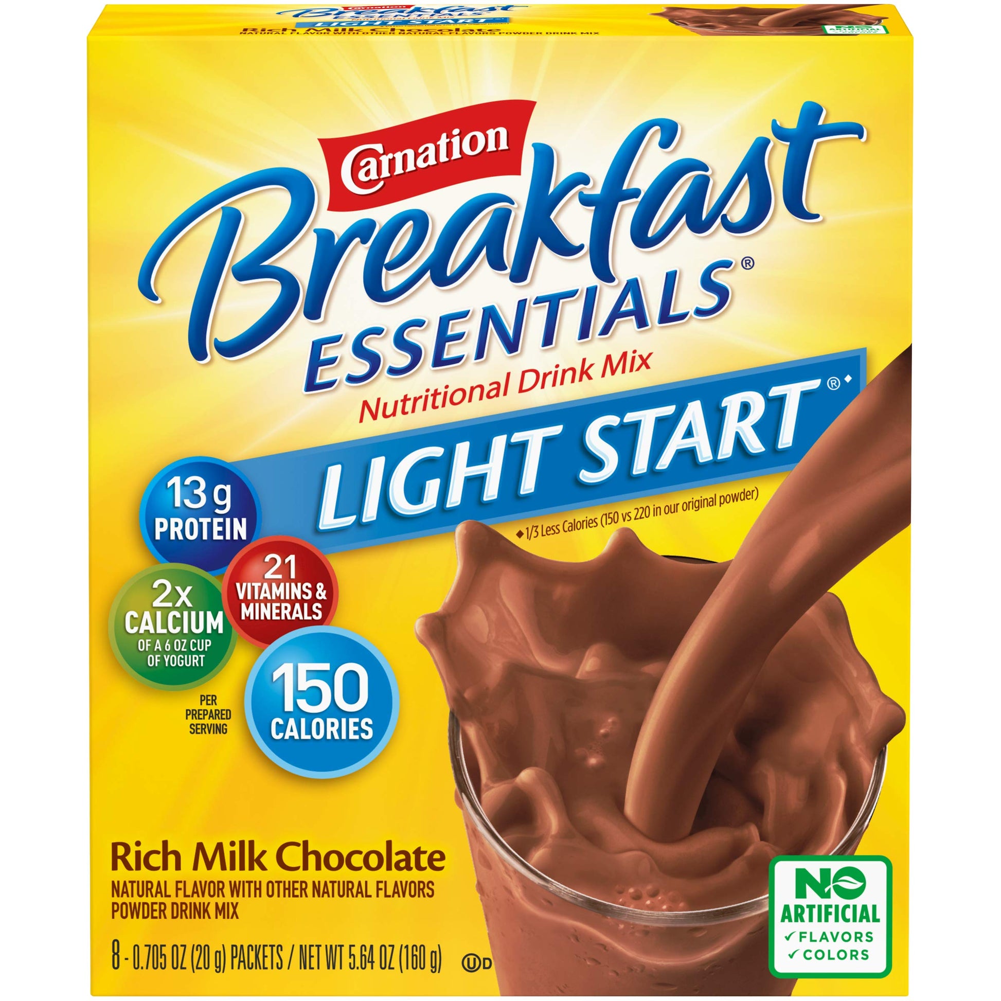Carnation Breakfast Essentials Light Start Powder Drink Mix, Rich Milk Chocolate, 8 Count Box of Packets