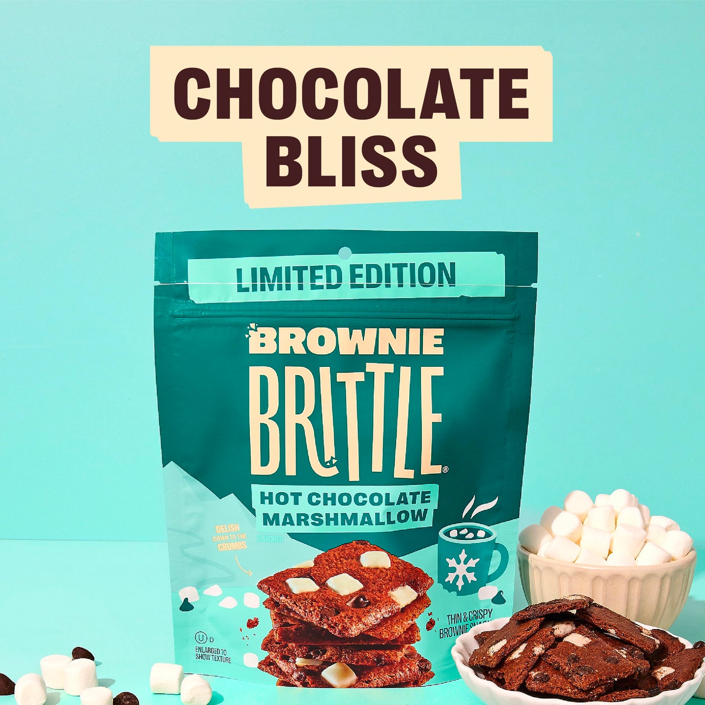 Brownie Brittle - Hot Chocolate Marshmallow Thin and Crispy Sweet Snacks (Pack of 3, 4 oz), Rich Gourmet Brownie Bites Dessert