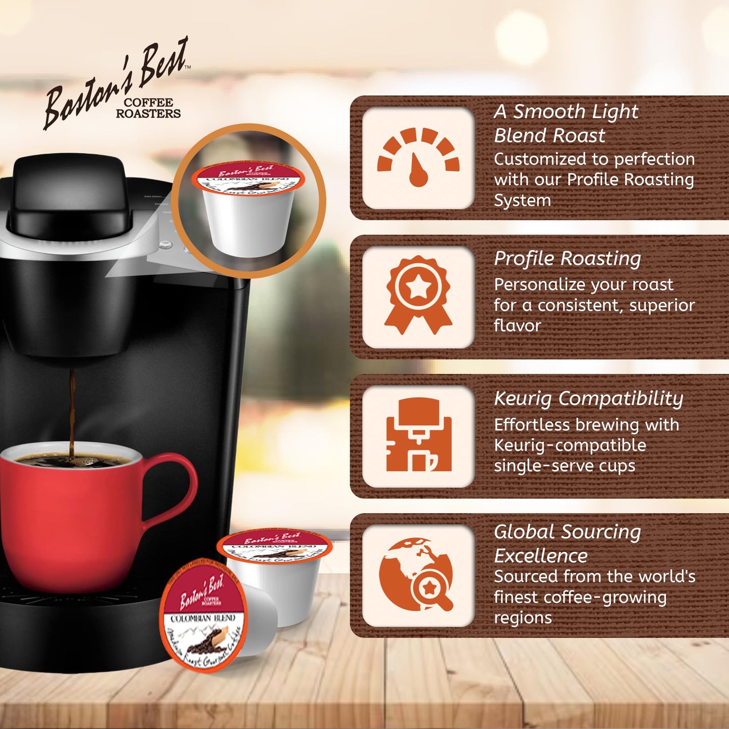 Bostons Best Colombian Blend Gourmet Coffee, Bold Medium Roast, 80 Single Serve Cups, Compatible with Keurig Coffee Maker, Black