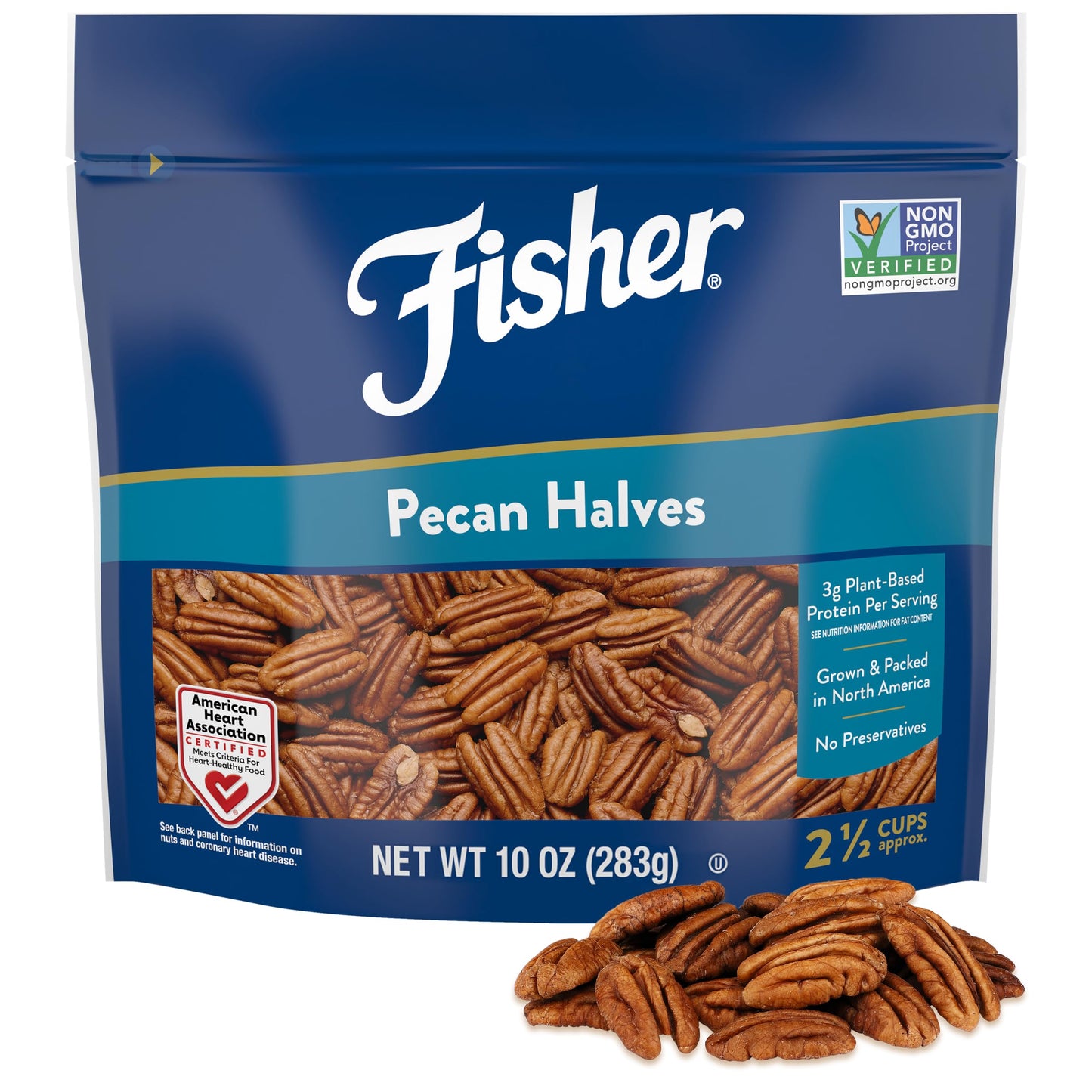 Fisher Pecan Halves, Unsalted Raw Nuts, 10 oz Resealable Bag, Vegan Protein, Gluten Free, Brown