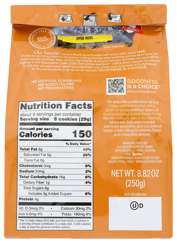 Loacker Quadratini Peanut Butter bite-size Wafer Cookies - 30% Less Sugar - Premium Crispy Wafers with Peanut Butter cream filli