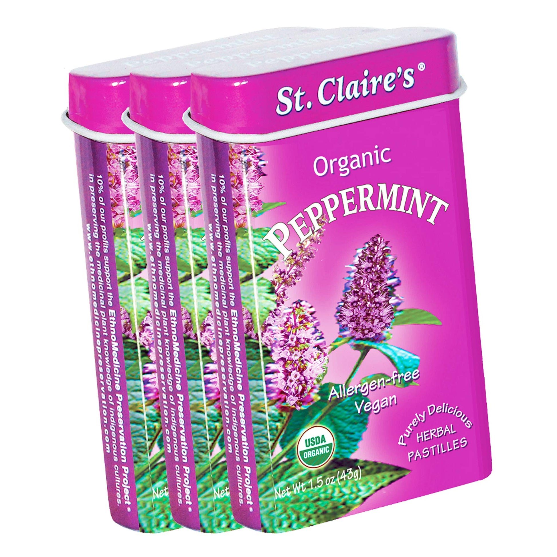St. Claire s Organic Breath Mints, (Peppermint, 1.5 Ounce Tin, Bundle of 3) | Gluten-Free, Vegan, GMO-Free, Plant-based, Allerg