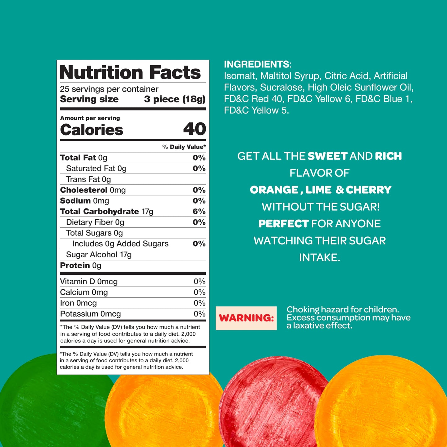 Arcor Sugar-Free Fruit Hard Candy Mix - 1 Pound Pack (About 75 Count) - Cherry, Lime, Orange - Individually Wrapped