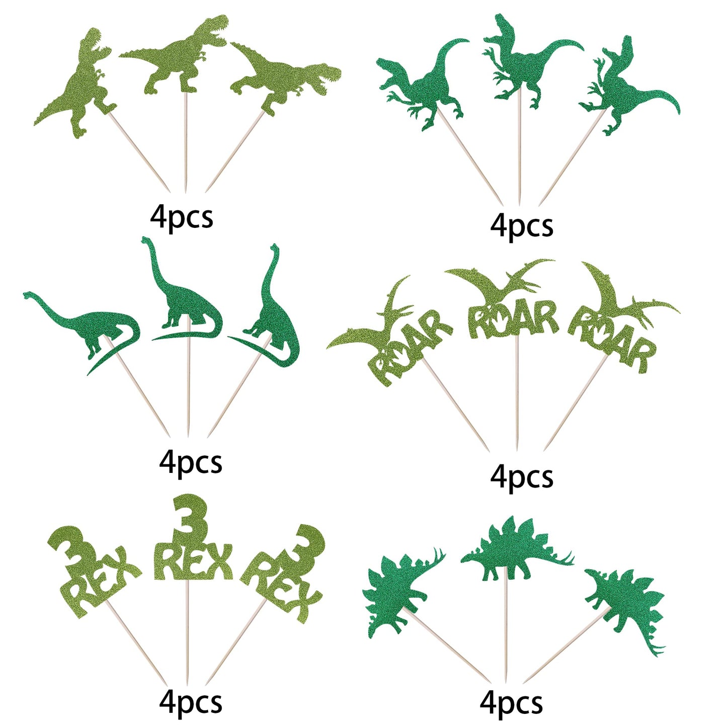 YCTHUNFISH Dinosaur Cupcake Toppers, 24 Pack Glitter Picks, Bamboo, Small, Green, Dino Theme Party Decorations