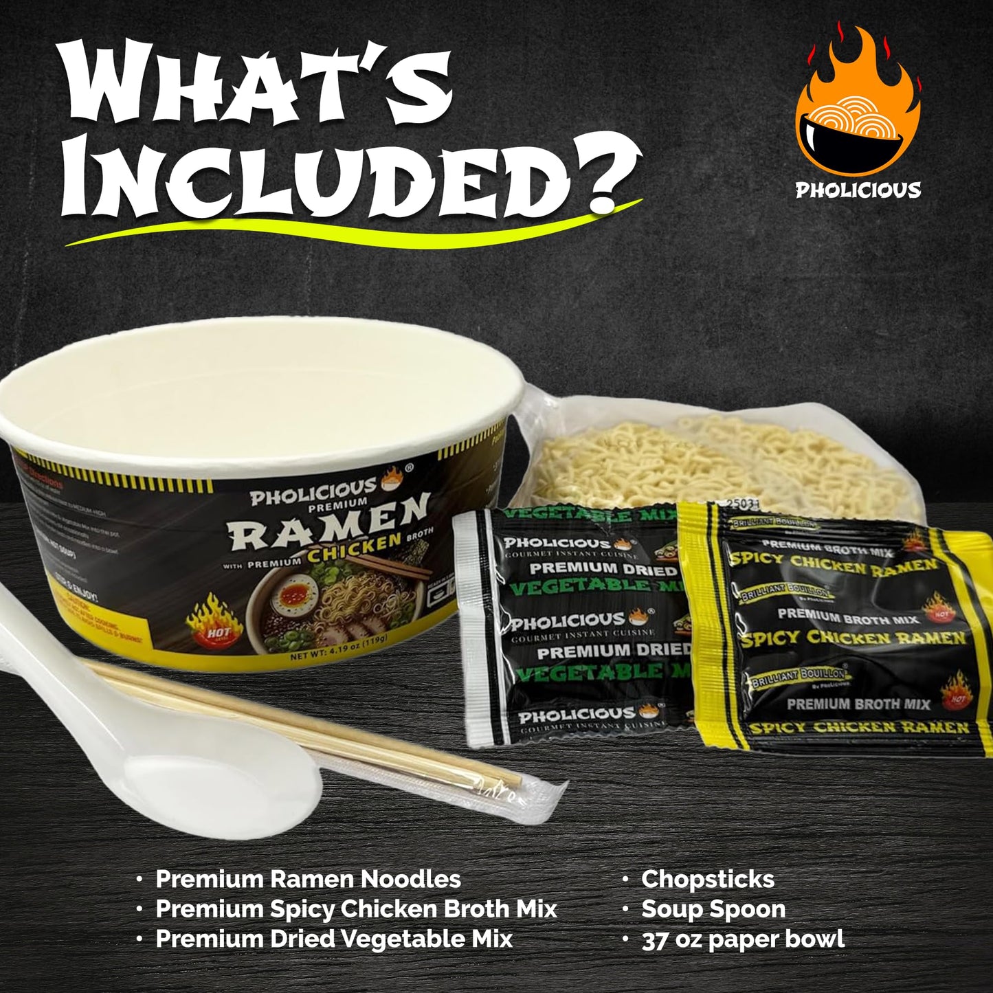 Pholicious All New Spicy Chicken Ramen Noodles - Premium Instant Ramen Bowl With Real Broth Mix With Spices, Asian Food, Microwa